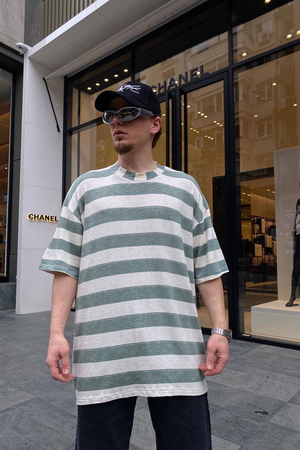 Yeşil Çizgili Basic Oversize Tshirt T655