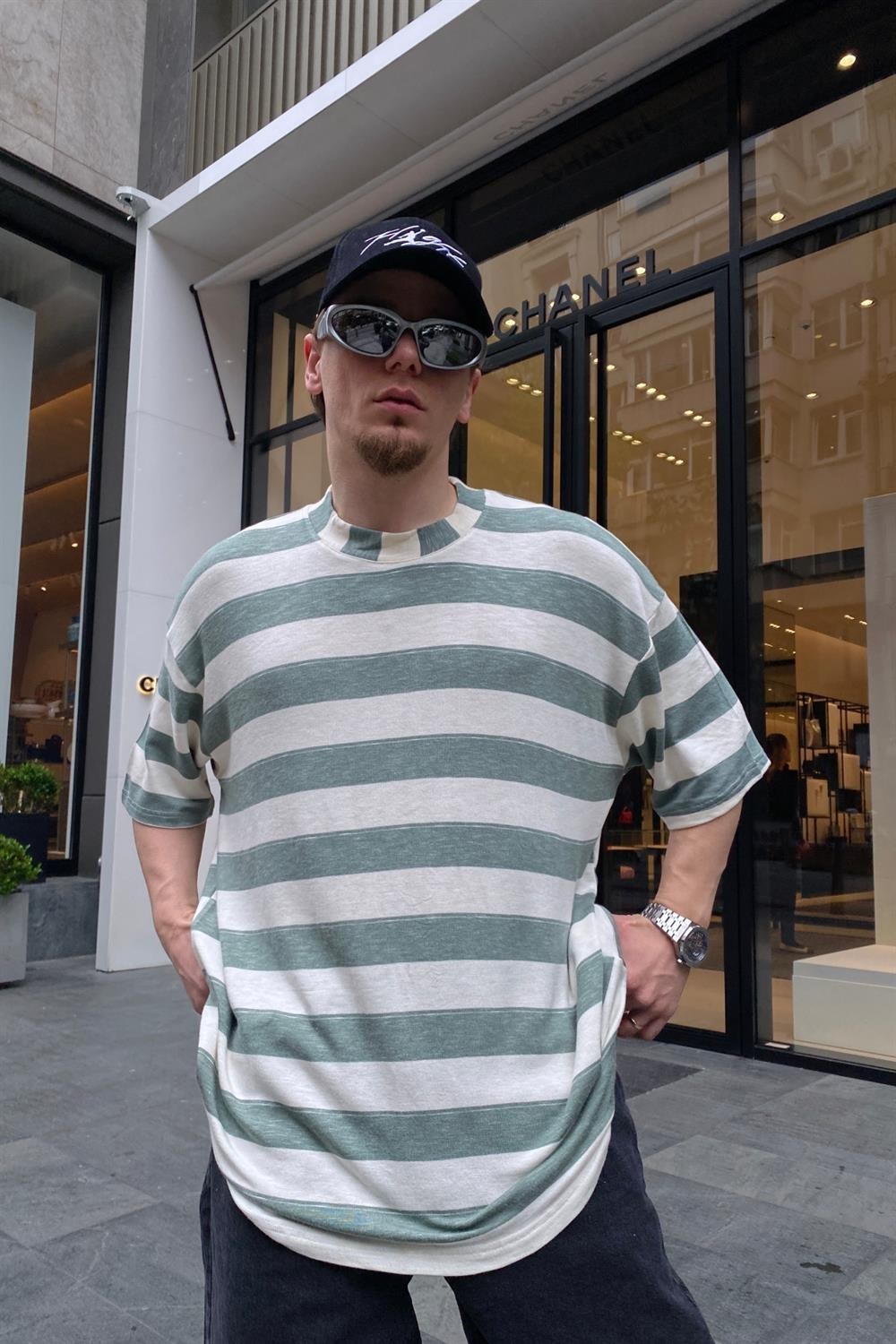 Yeşil Çizgili Basic Oversize Tshirt T655