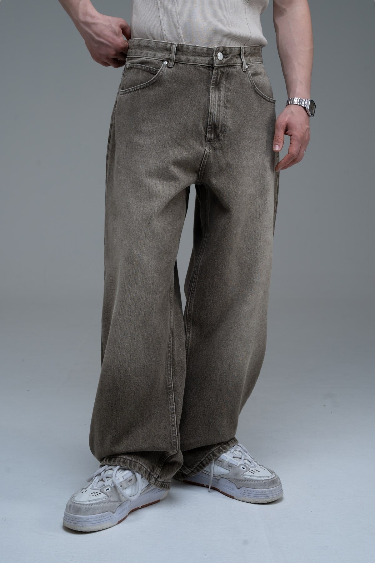 Yıkama Efektli Açık Kahve Baggy Jean