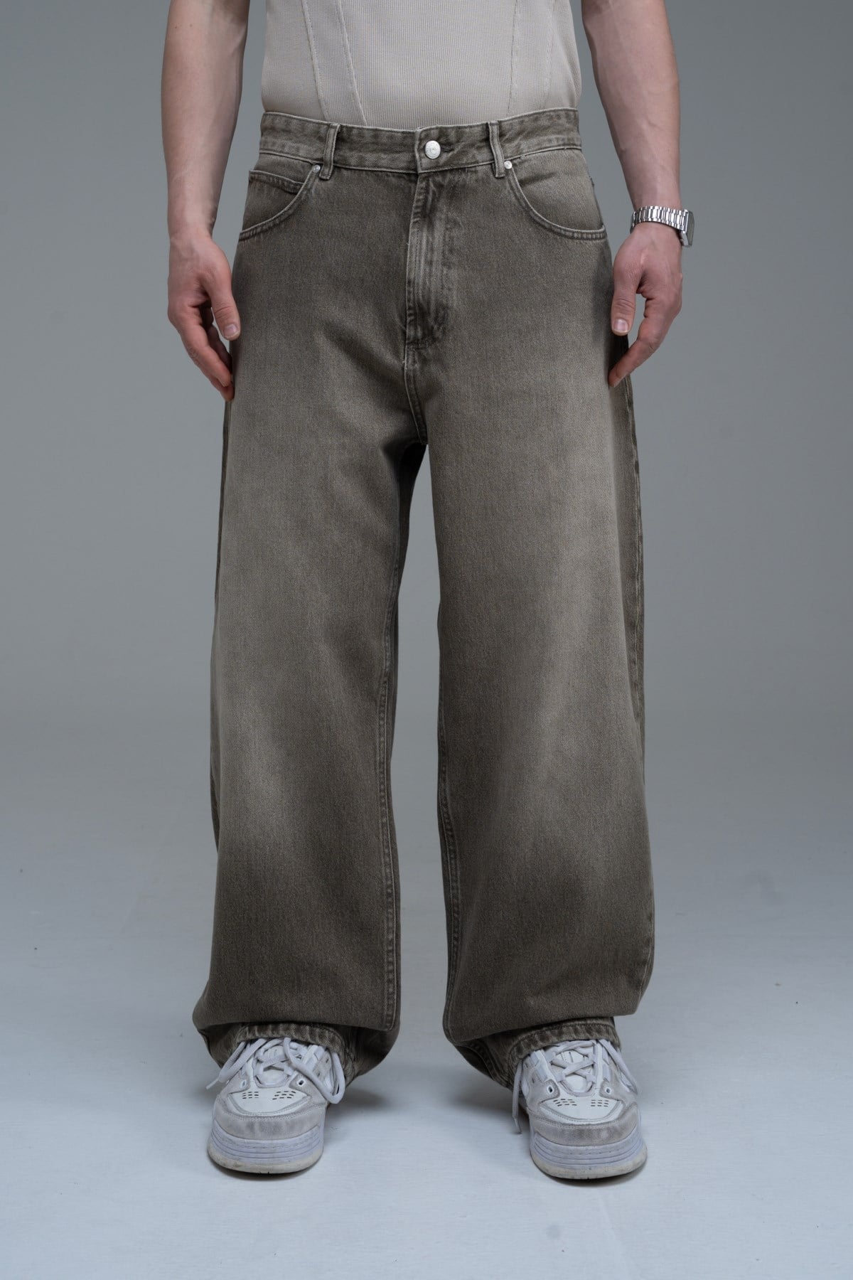 Yıkama Efektli Açık Kahve Baggy Jean