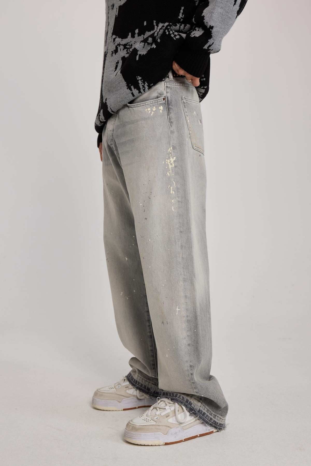 Yıkama Efektli Gri Baggy Jean Pantolon