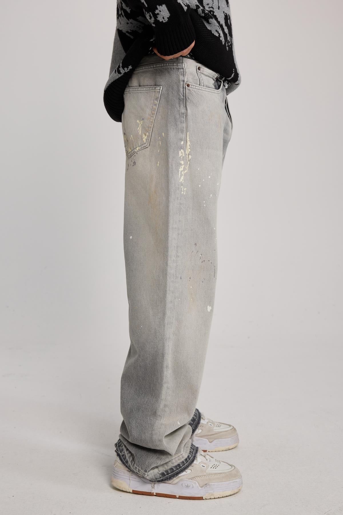 Yıkama Efektli Gri Baggy Jean Pantolon