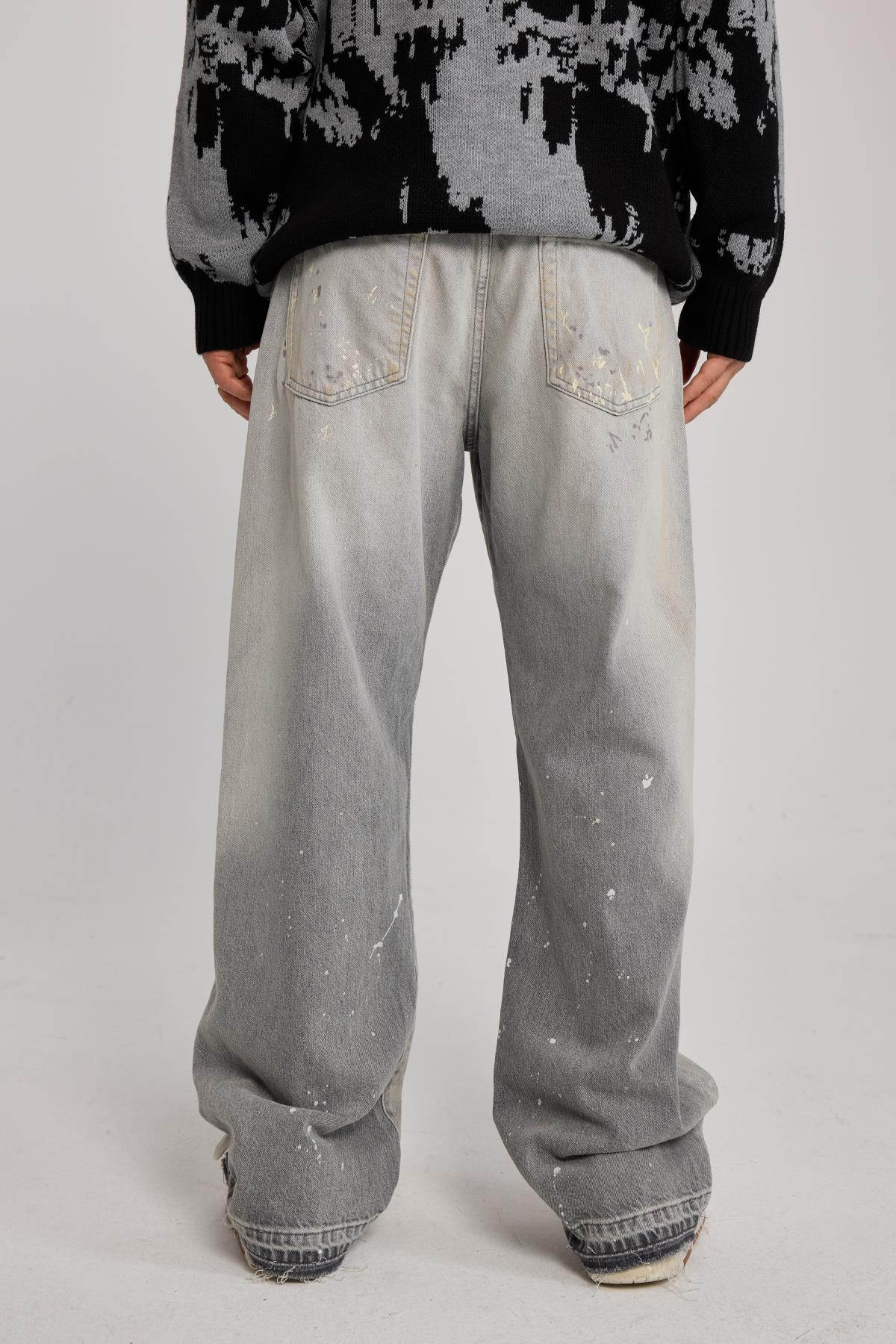 Yıkama Efektli Gri Baggy Jean Pantolon