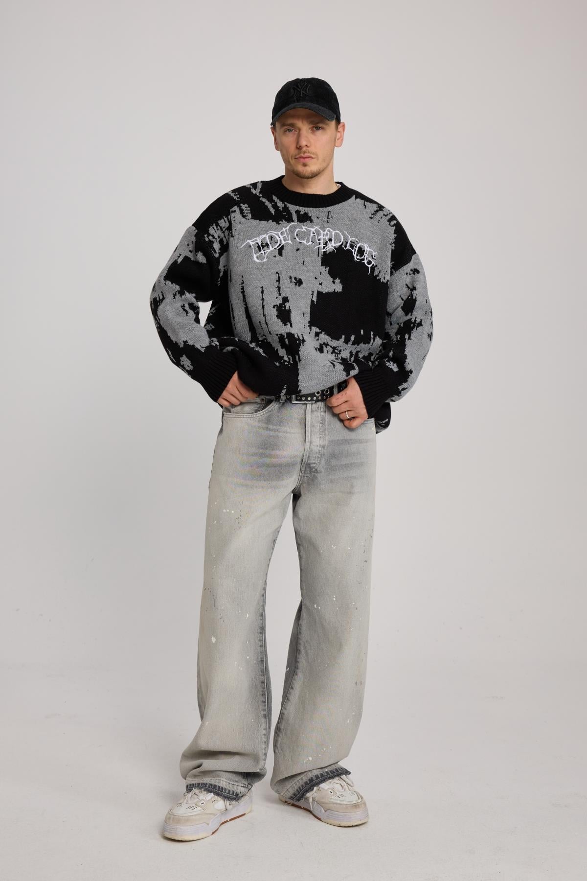 Yıkama Efektli Gri Baggy Jean Pantolon