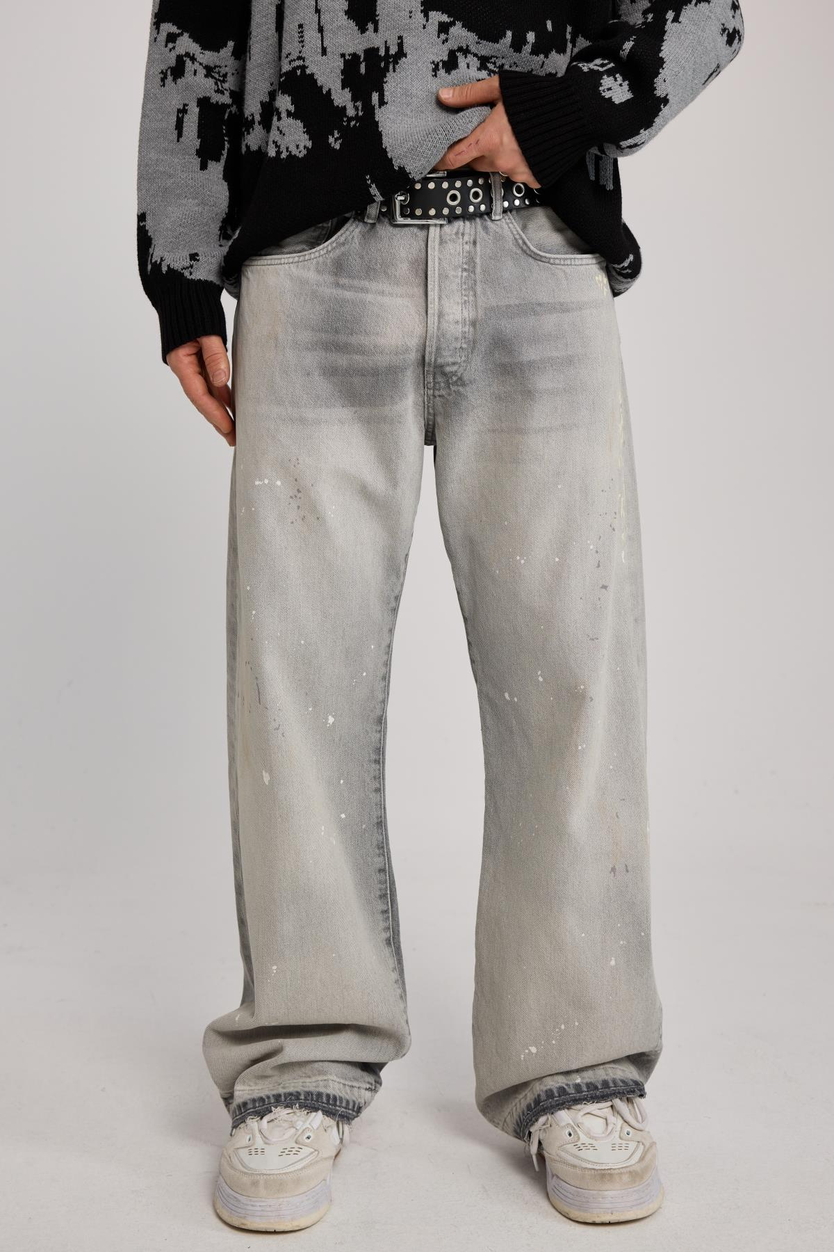Yıkama Efektli Gri Baggy Jean Pantolon