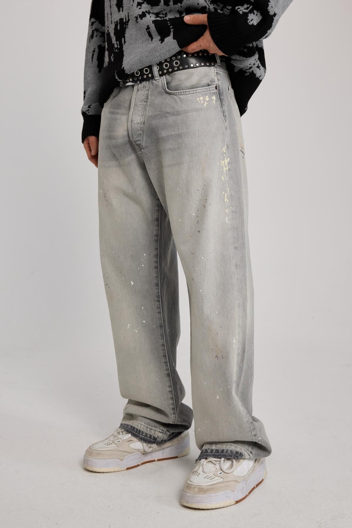 Yıkama Efektli Gri Baggy Jean Pantolon