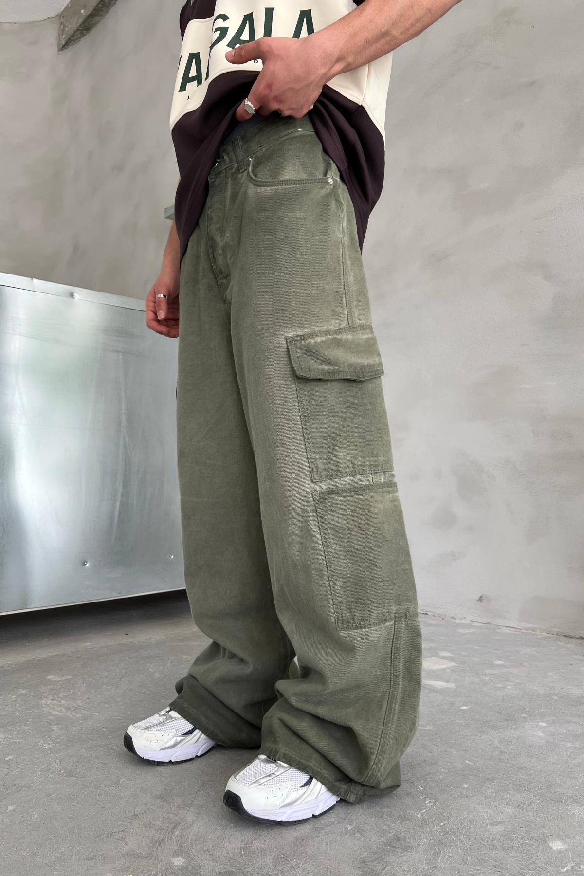 Yıkama Efektli Haki Cep Detay Baggy Jean Pantolon