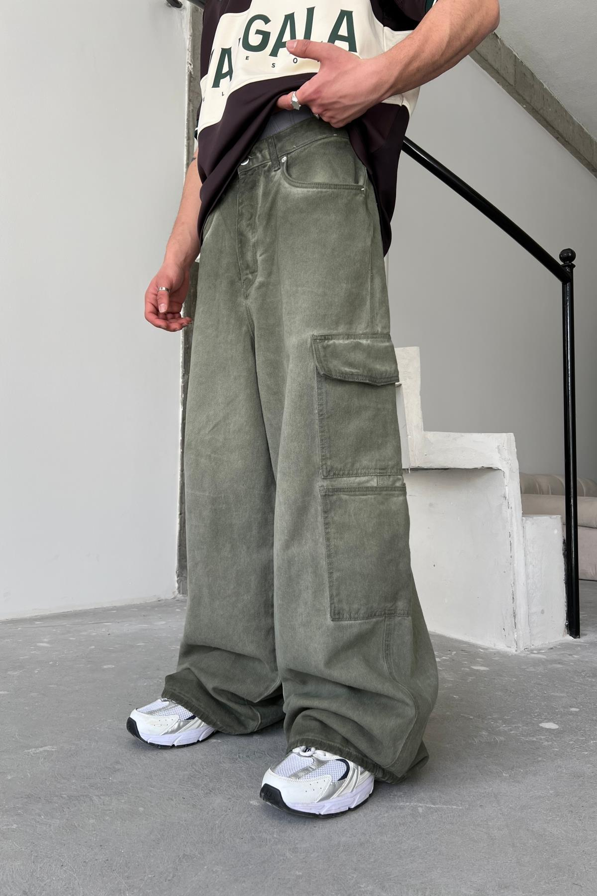 Yıkama Efektli Haki Cep Detay Baggy Jean Pantolon