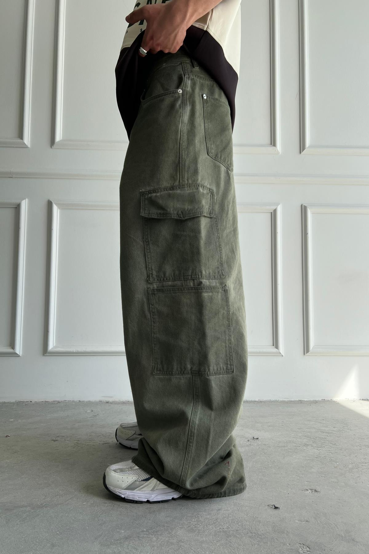Yıkama Efektli Haki Cep Detay Baggy Jean Pantolon
