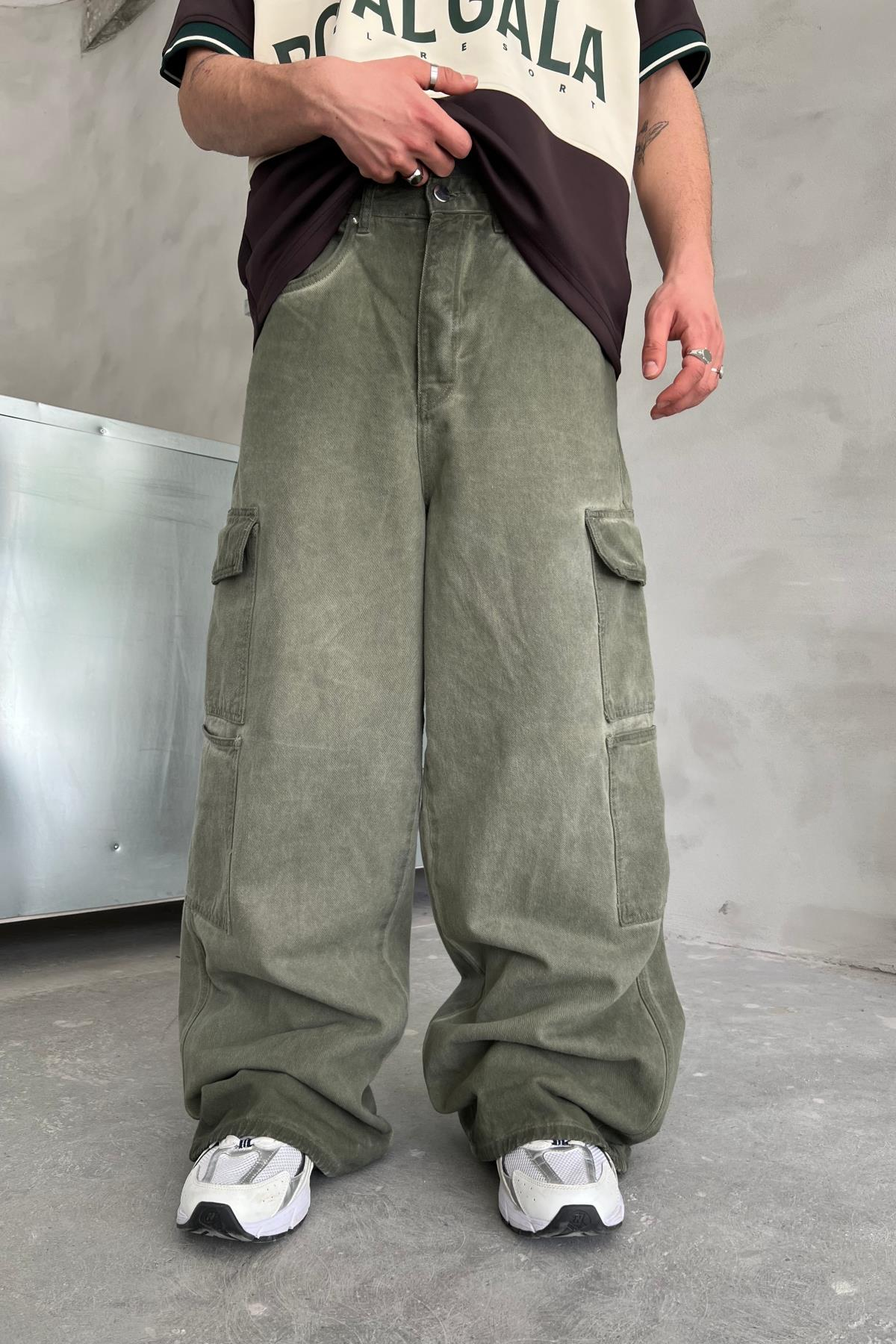 Yıkama Efektli Haki Cep Detay Baggy Jean Pantolon