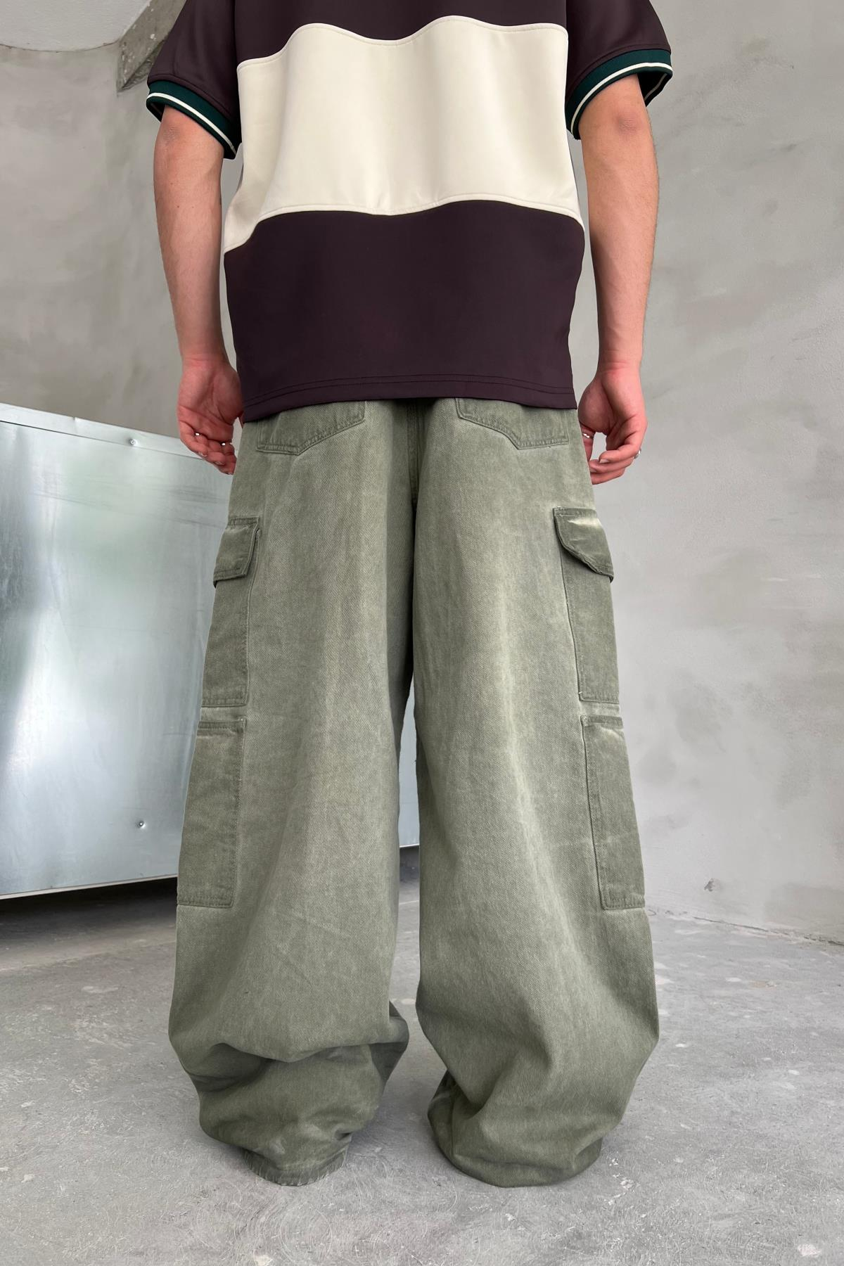 Yıkama Efektli Haki Cep Detay Baggy Jean Pantolon