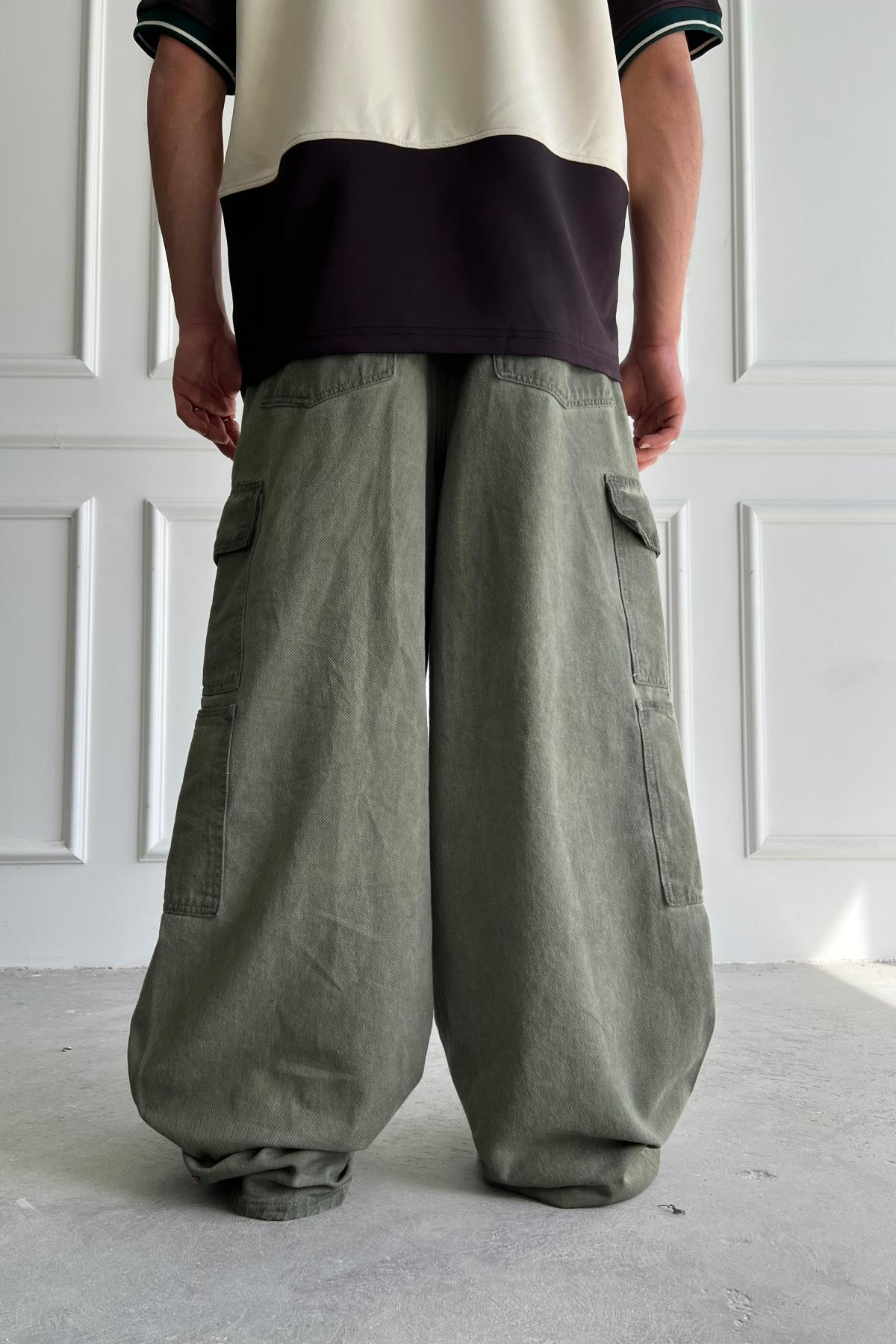 Yıkama Efektli Haki Cep Detay Baggy Jean Pantolon