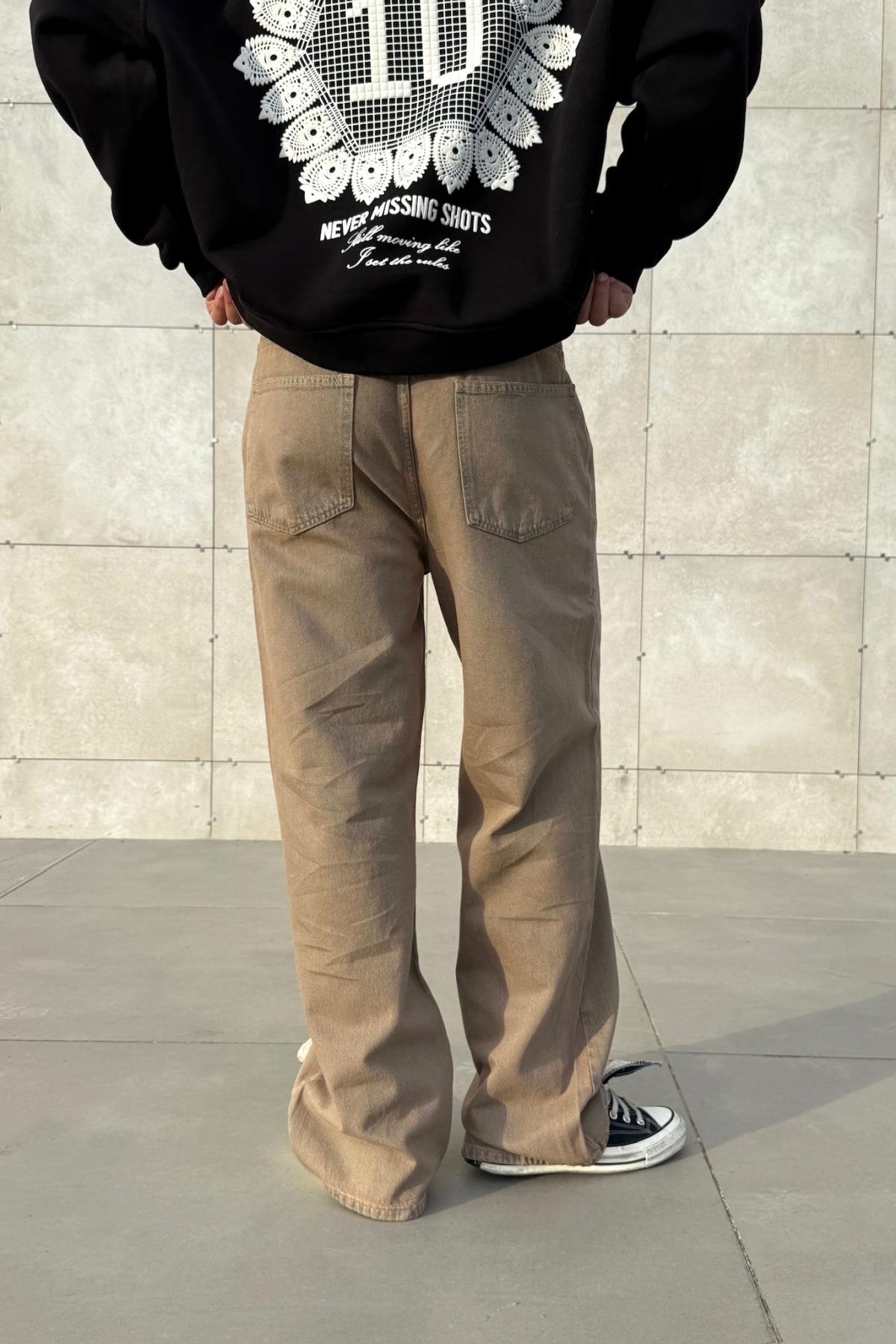 Yıkama Efektli Kahve Baggy Jean