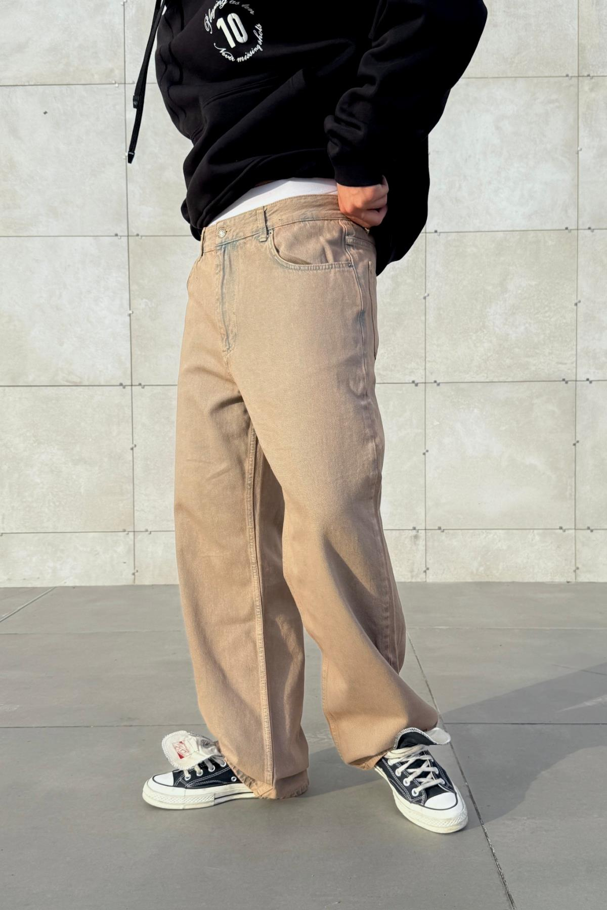 Yıkama Efektli Kahve Baggy Jean