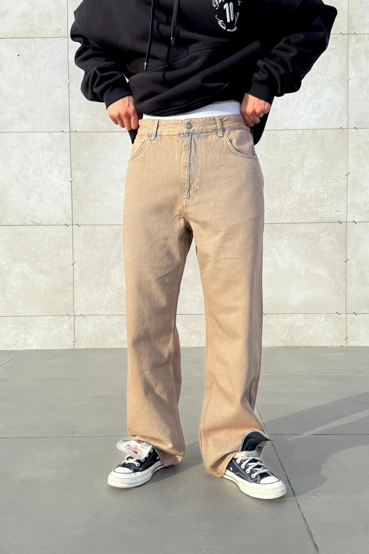 Yıkama Efektli Kahve Baggy Jean