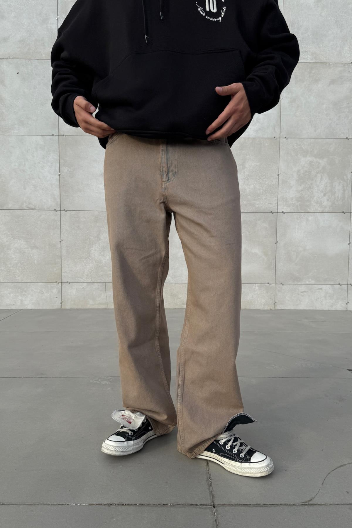 Yıkama Efektli Kahve Baggy Jean