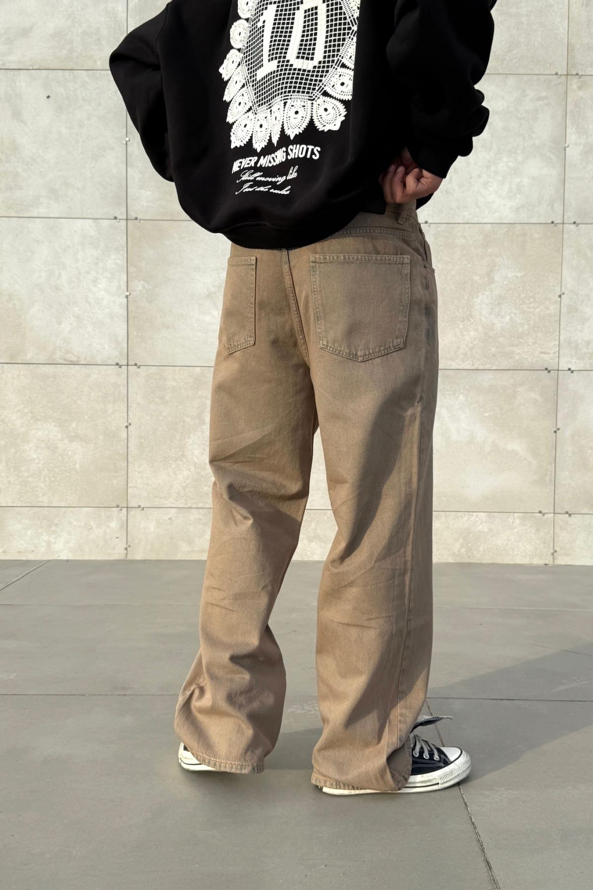 Yıkama Efektli Kahve Baggy Jean