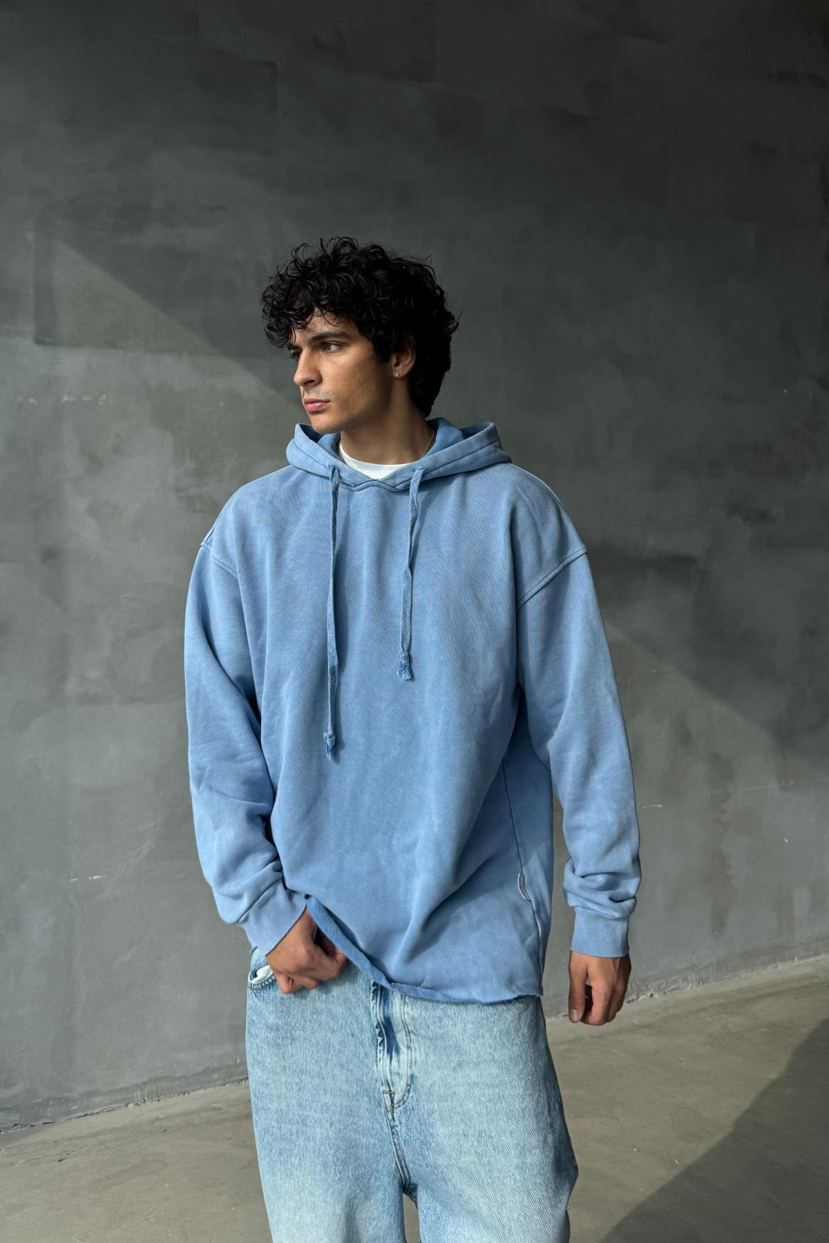 Yıkama Efektli Mavi Oversize Sweatshirt JC01