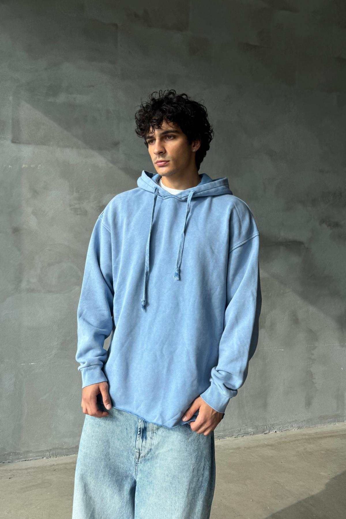 Yıkama Efektli Mavi Oversize Sweatshirt JC01