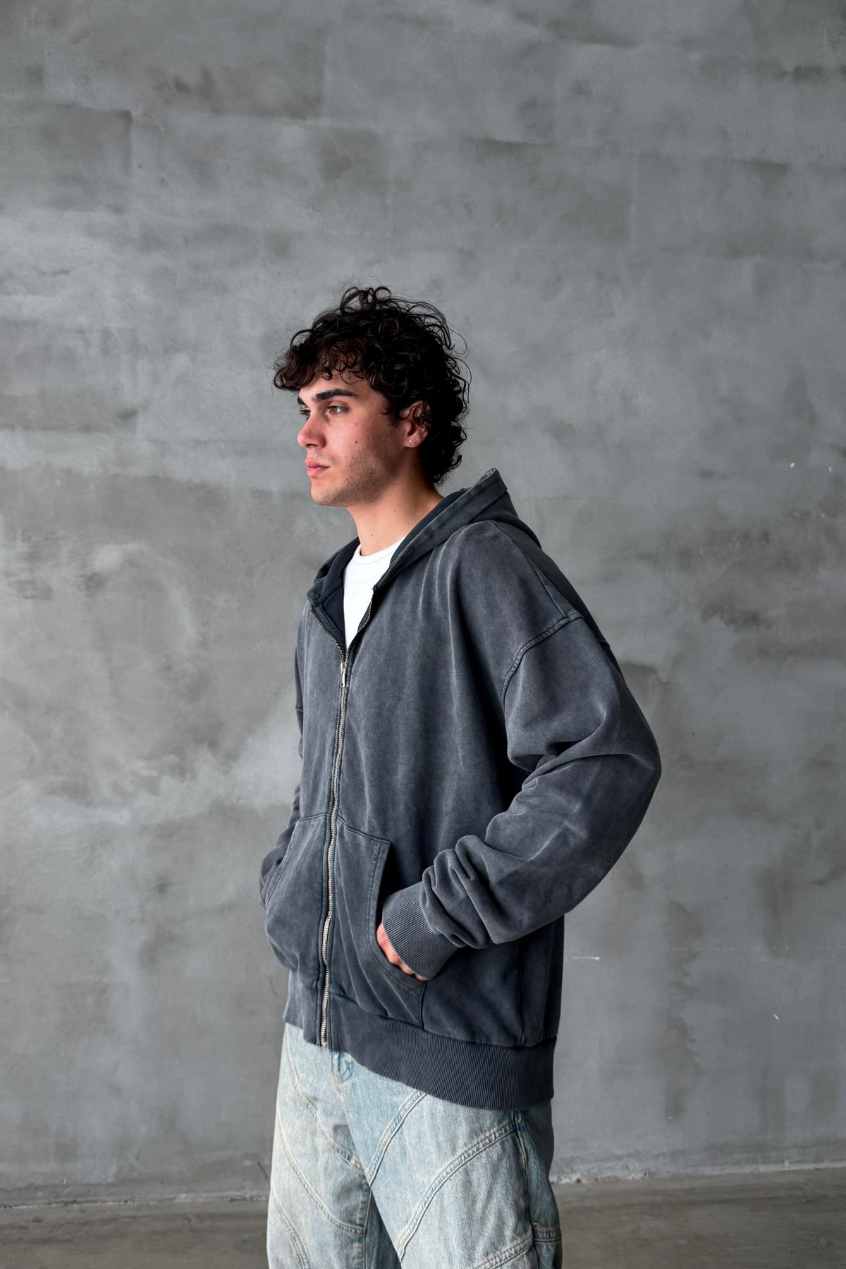 Yıkama Efektli Oversize Zipper Hoodie PM01