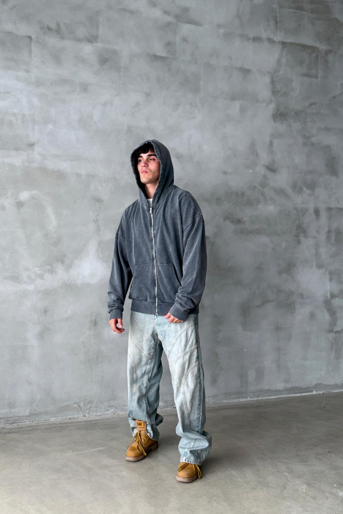 Yıkama Efektli Oversize Zipper Hoodie PM01