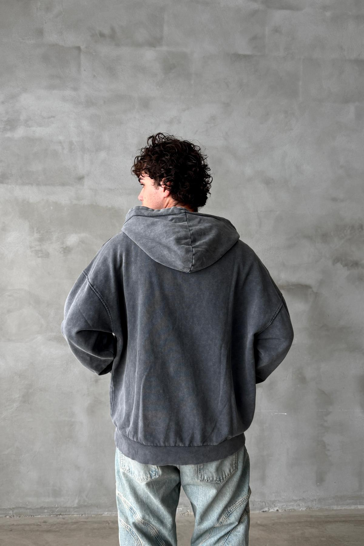 Yıkama Efektli Oversize Zipper Hoodie PM01