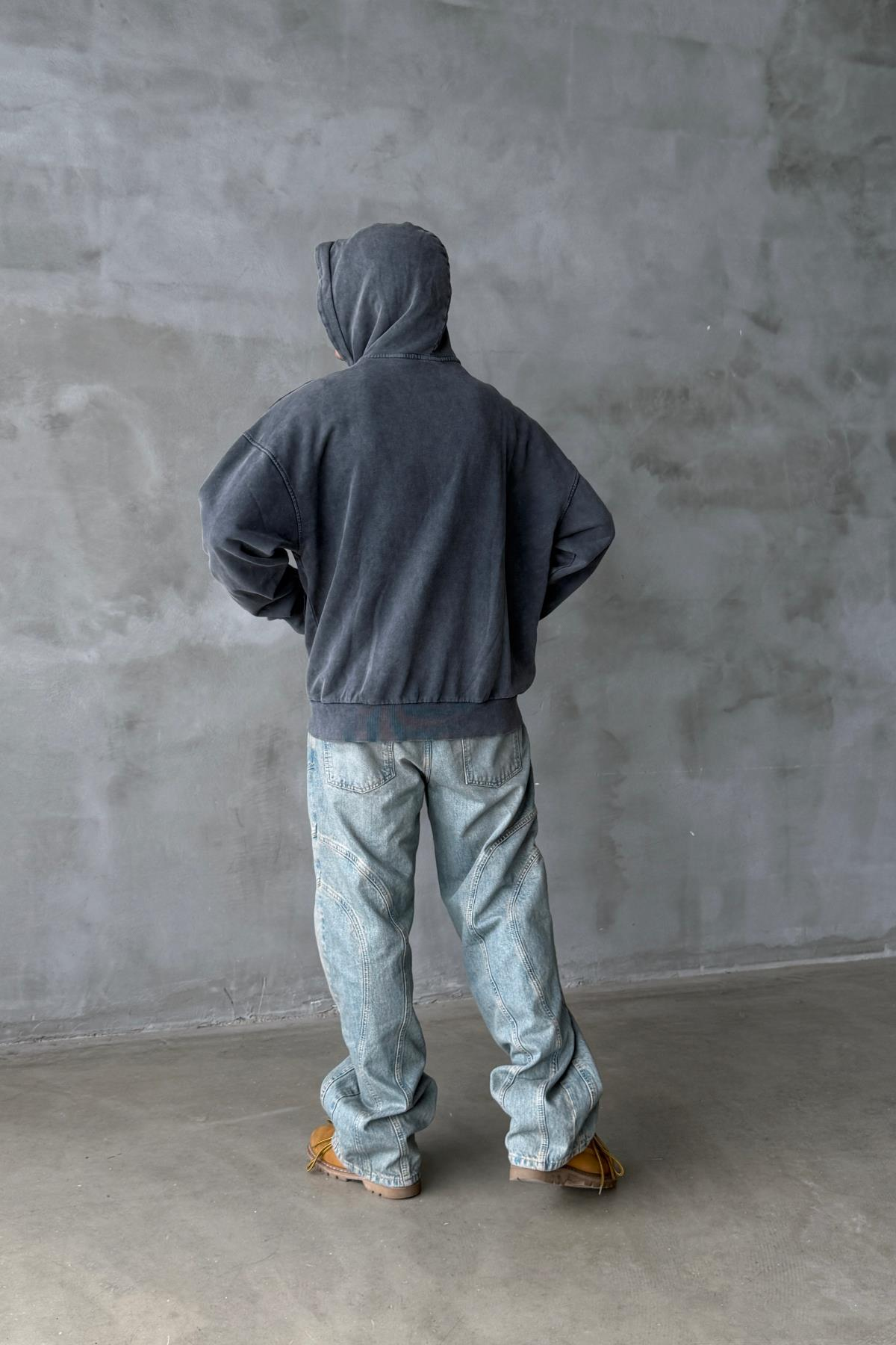 Yıkama Efektli Oversize Zipper Hoodie PM01