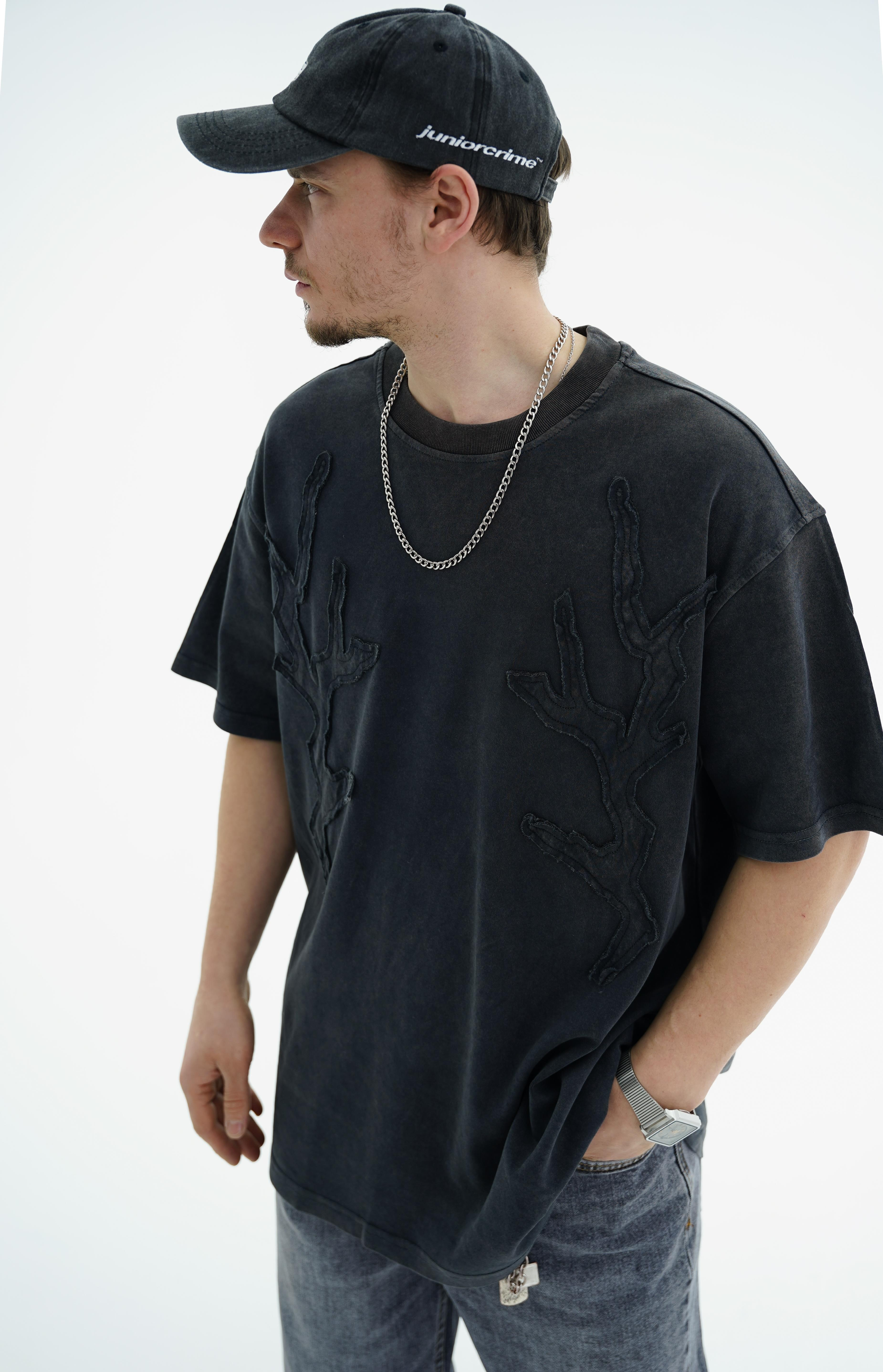 Yıkama Efektli Şerit Detay Siyah Oversize Tshirt CT01 25CY031