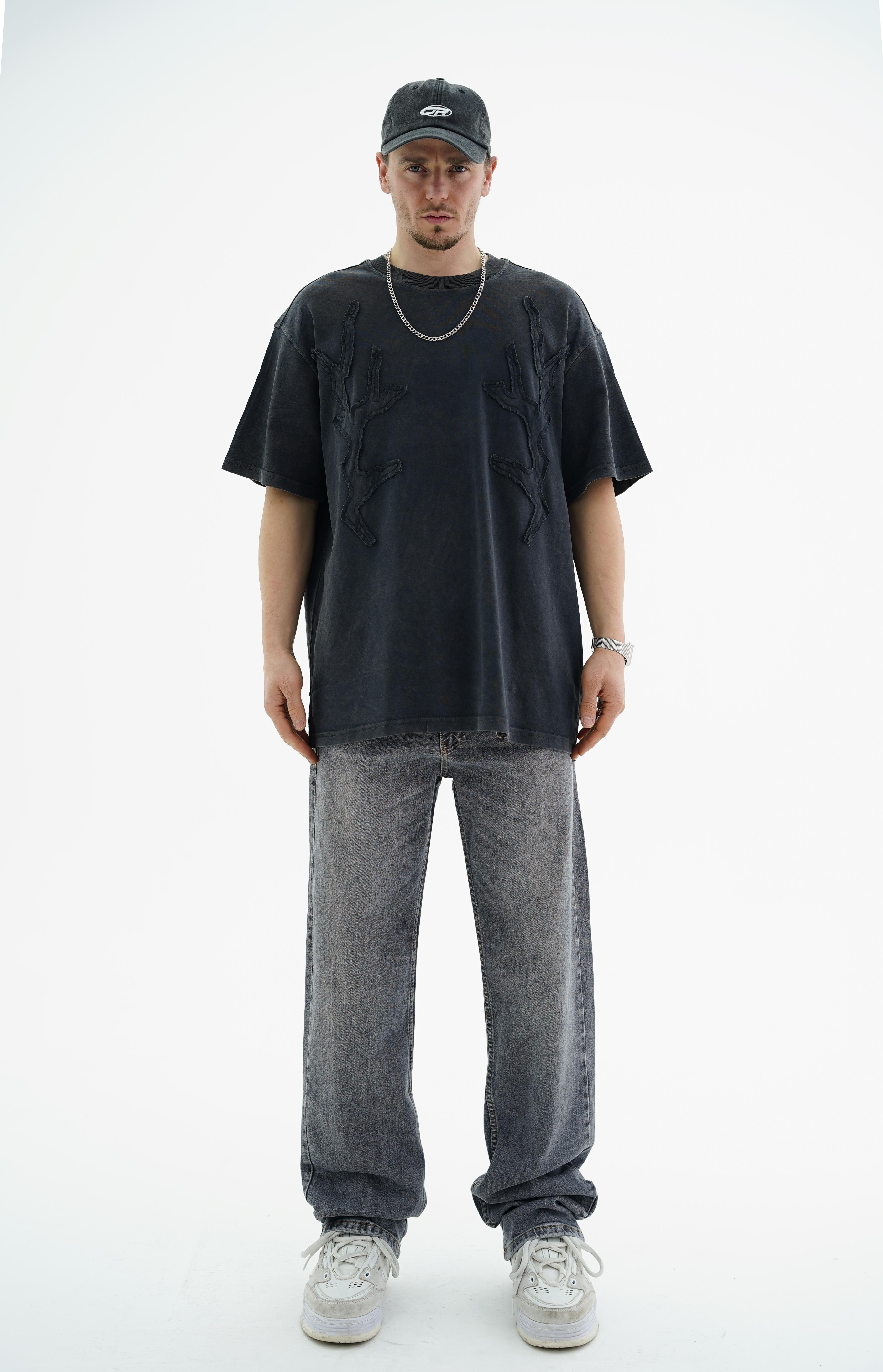 Yıkama Efektli Şerit Detay Siyah Oversize Tshirt CT01 25CY031