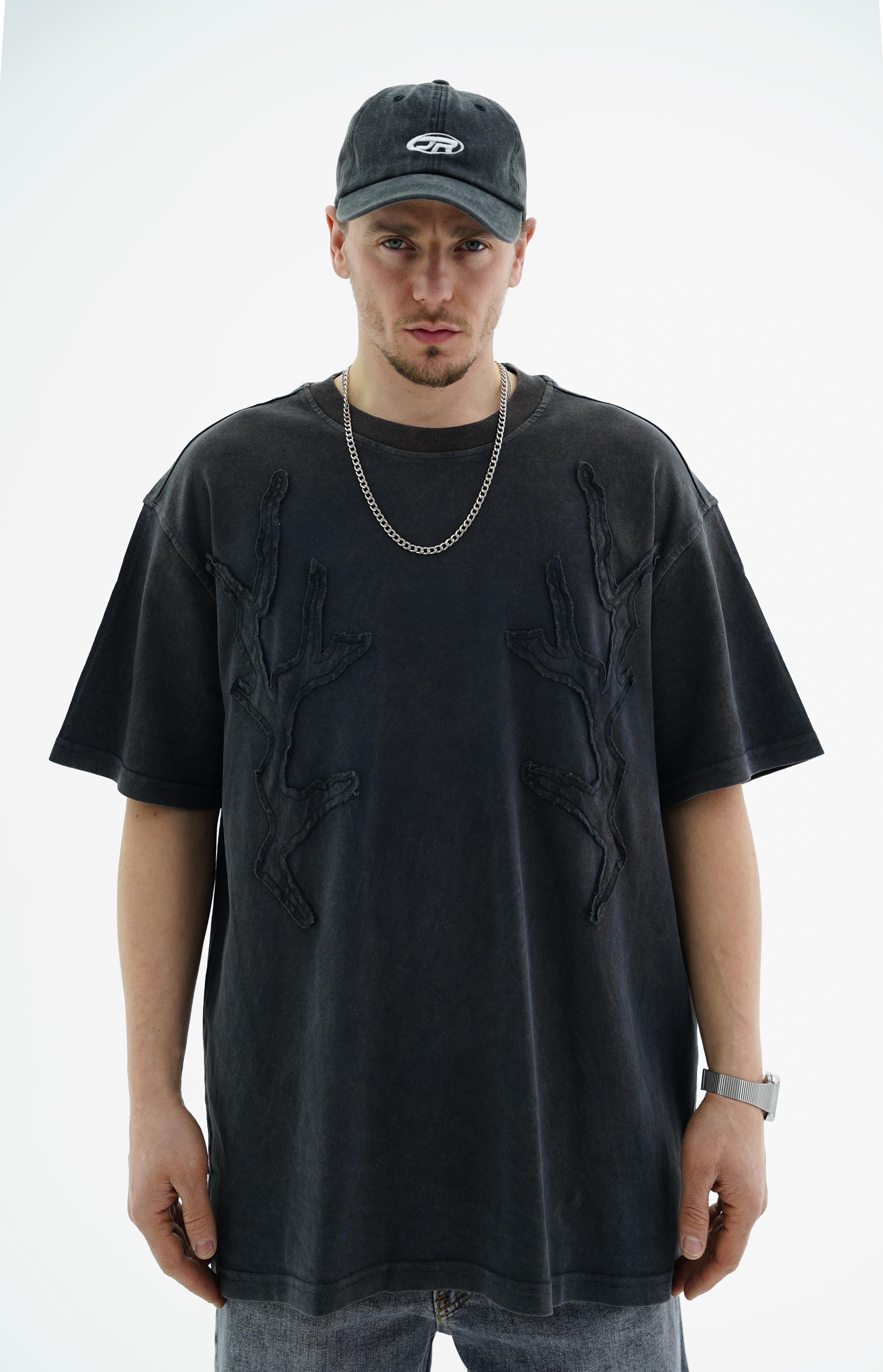 Yıkama Efektli Şerit Detay Siyah Oversize Tshirt CT01 25CY031