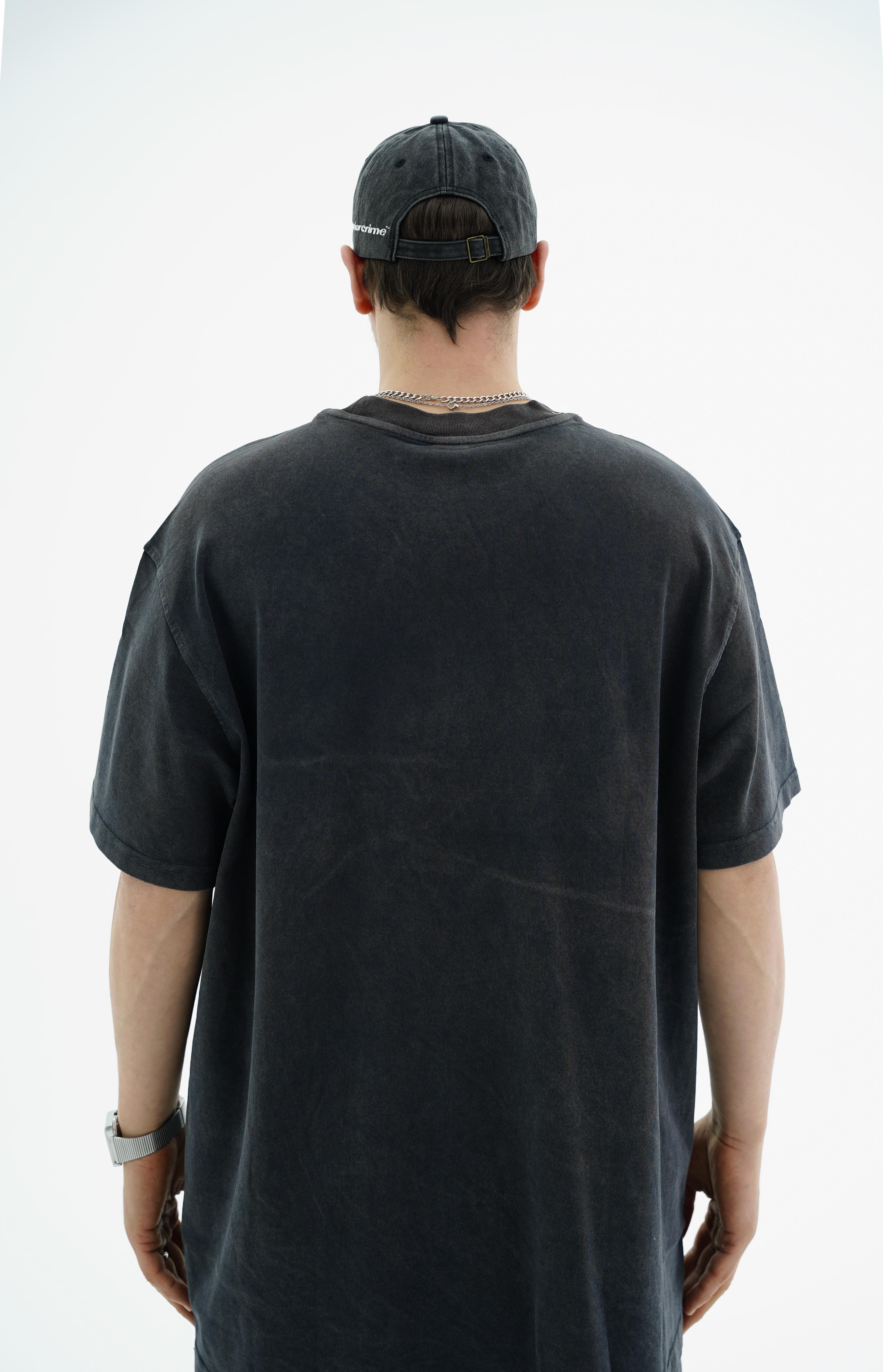 Yıkama Efektli Şerit Detay Siyah Oversize Tshirt CT01 25CY031
