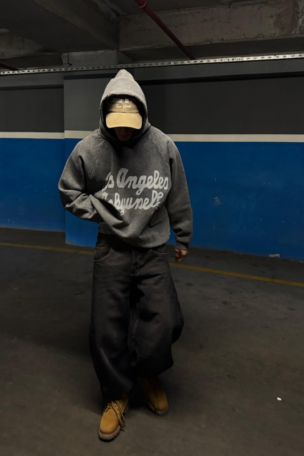 Yıkamalı Oversize Los Angeles Baskılı Hoodie