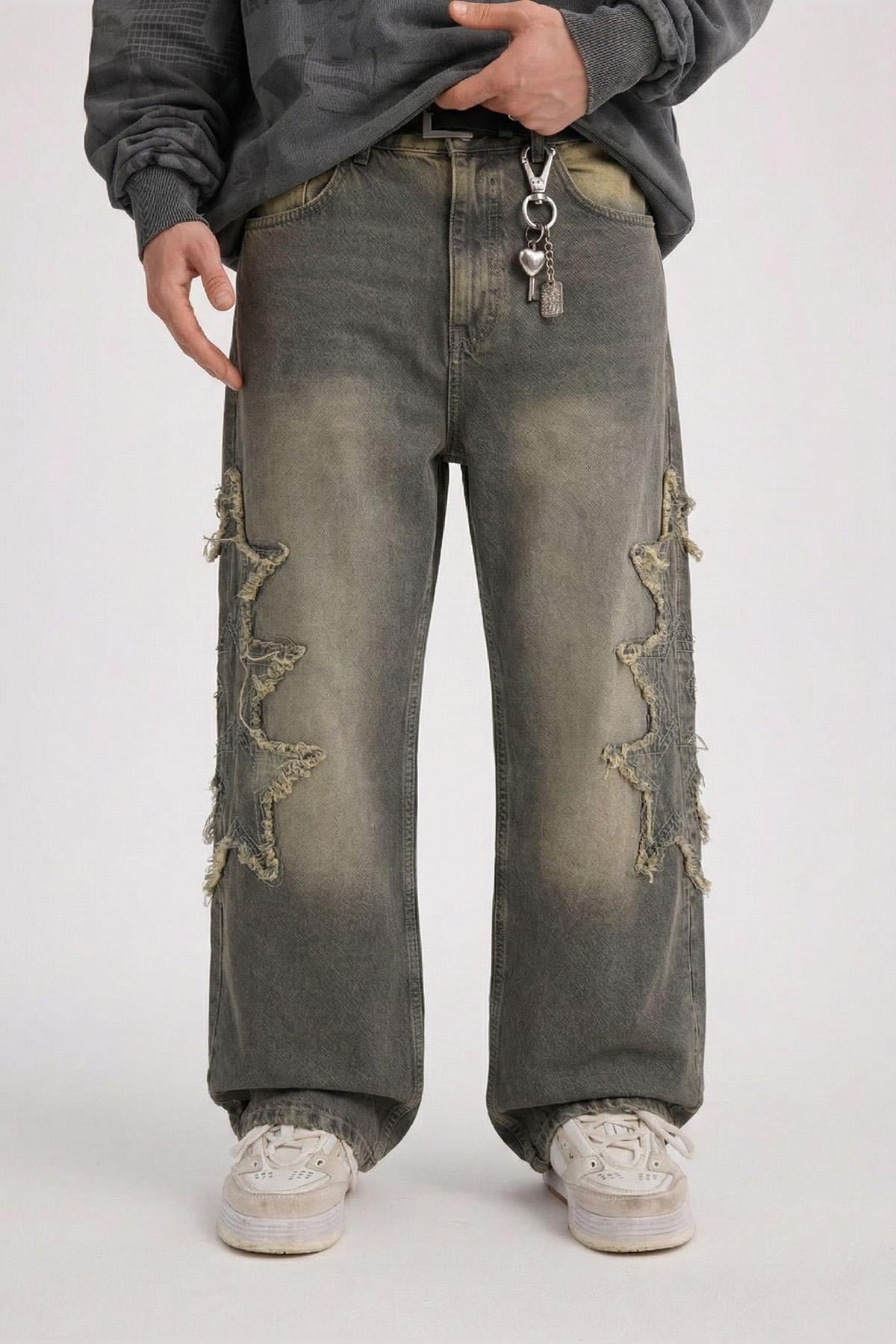 Yıldız Patch Detay Yıkama Efektli Baggy Jean Pantolon