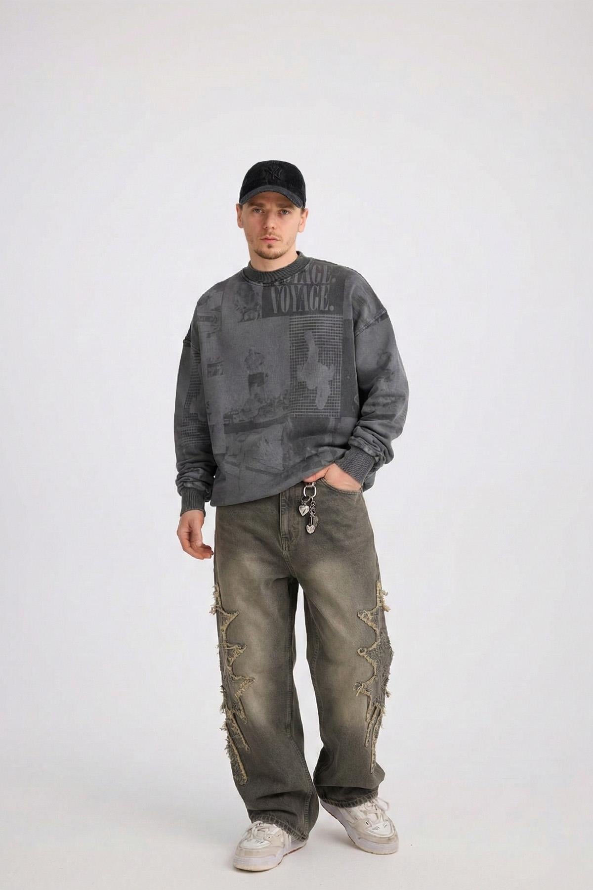 Yıldız Patch Detay Yıkama Efektli Baggy Jean Pantolon