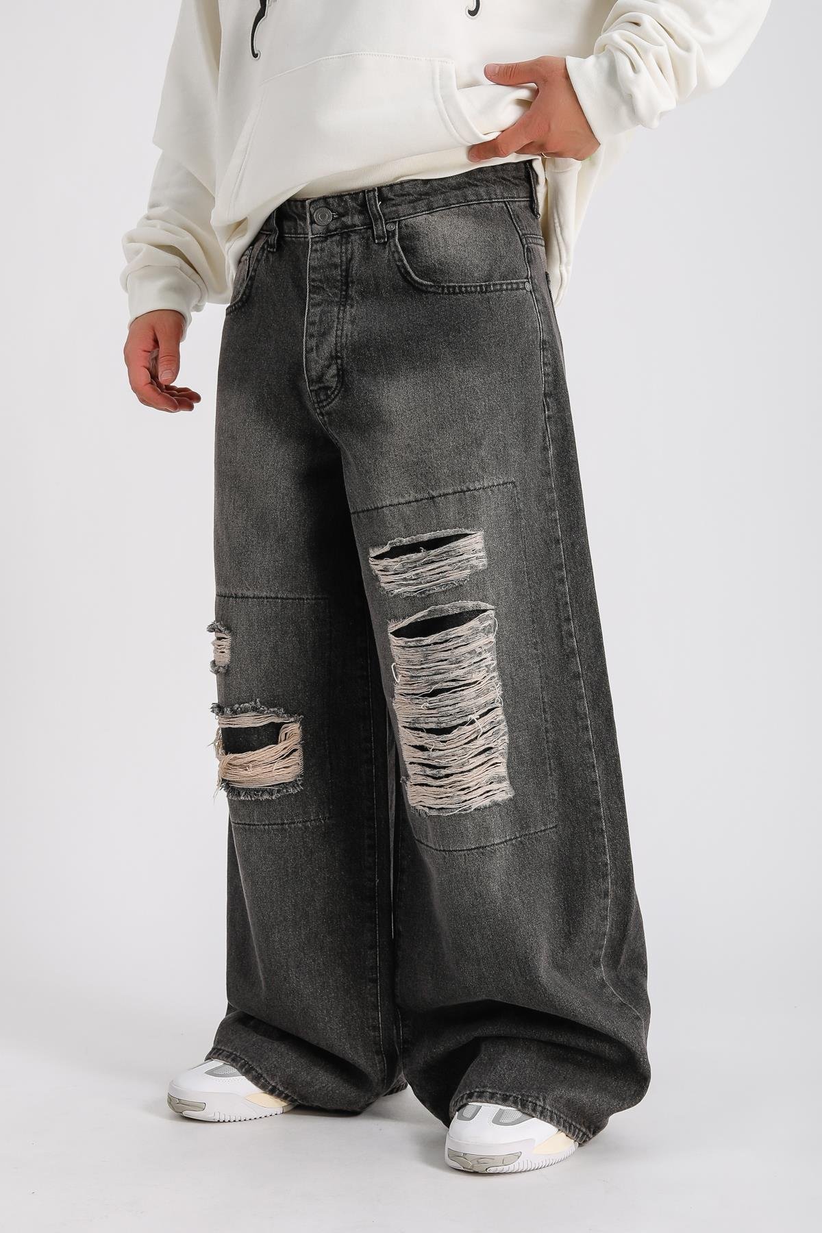 Yırtık Blok Detay Füme Baggy Jean Pantolon P1000