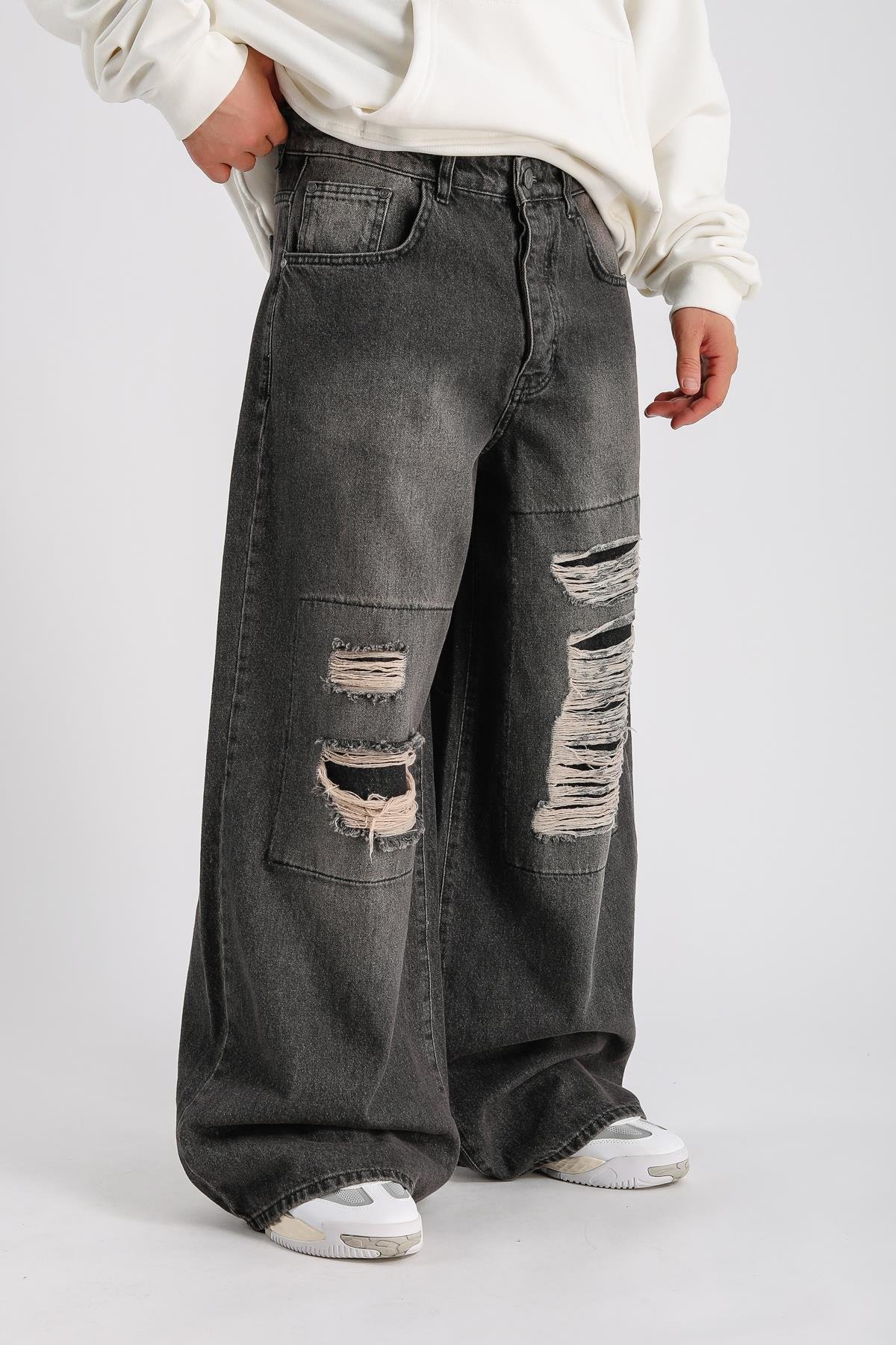 Yırtık Blok Detay Füme Baggy Jean Pantolon P1000