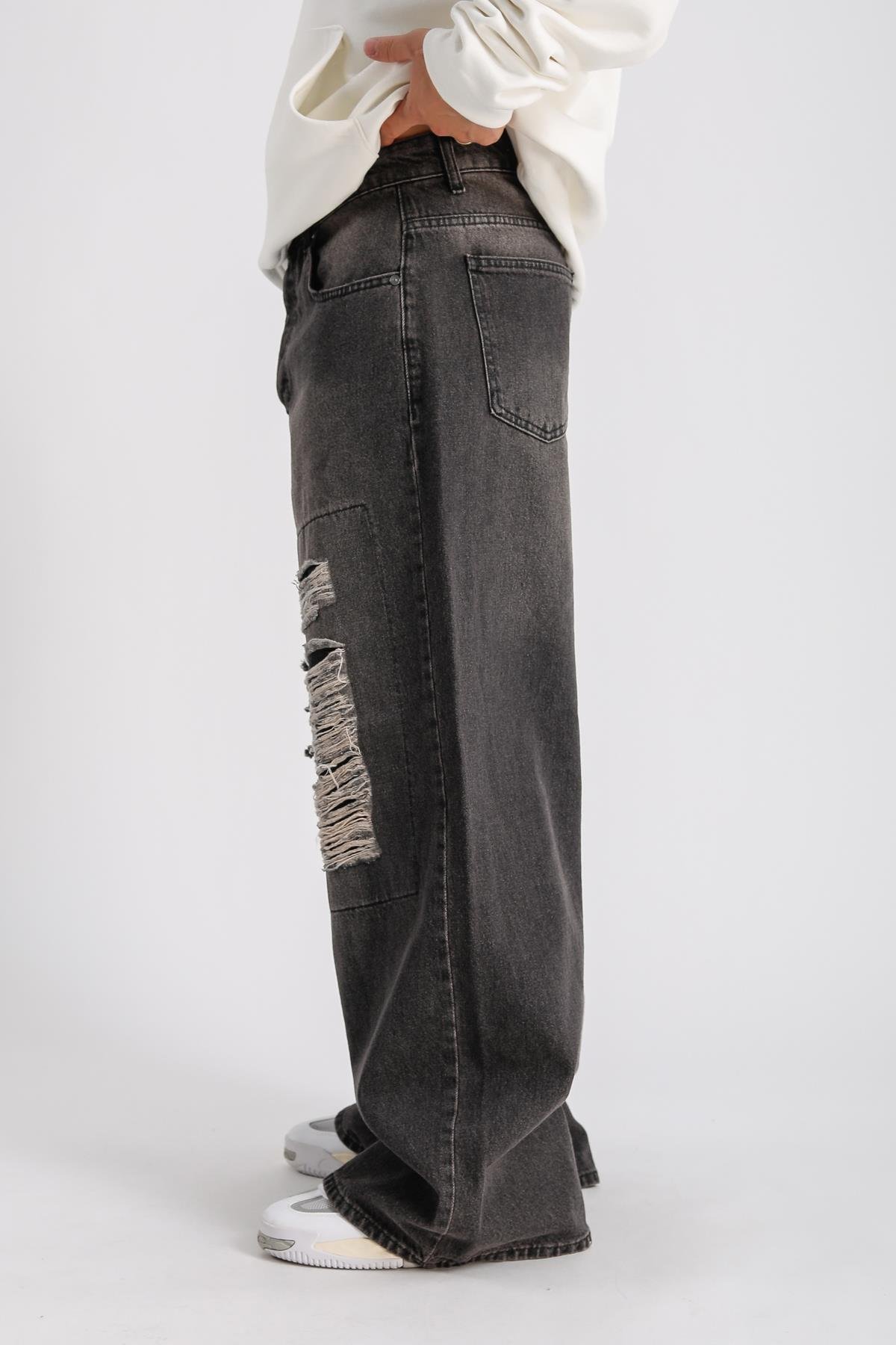 Yırtık Blok Detay Füme Baggy Jean Pantolon P1000