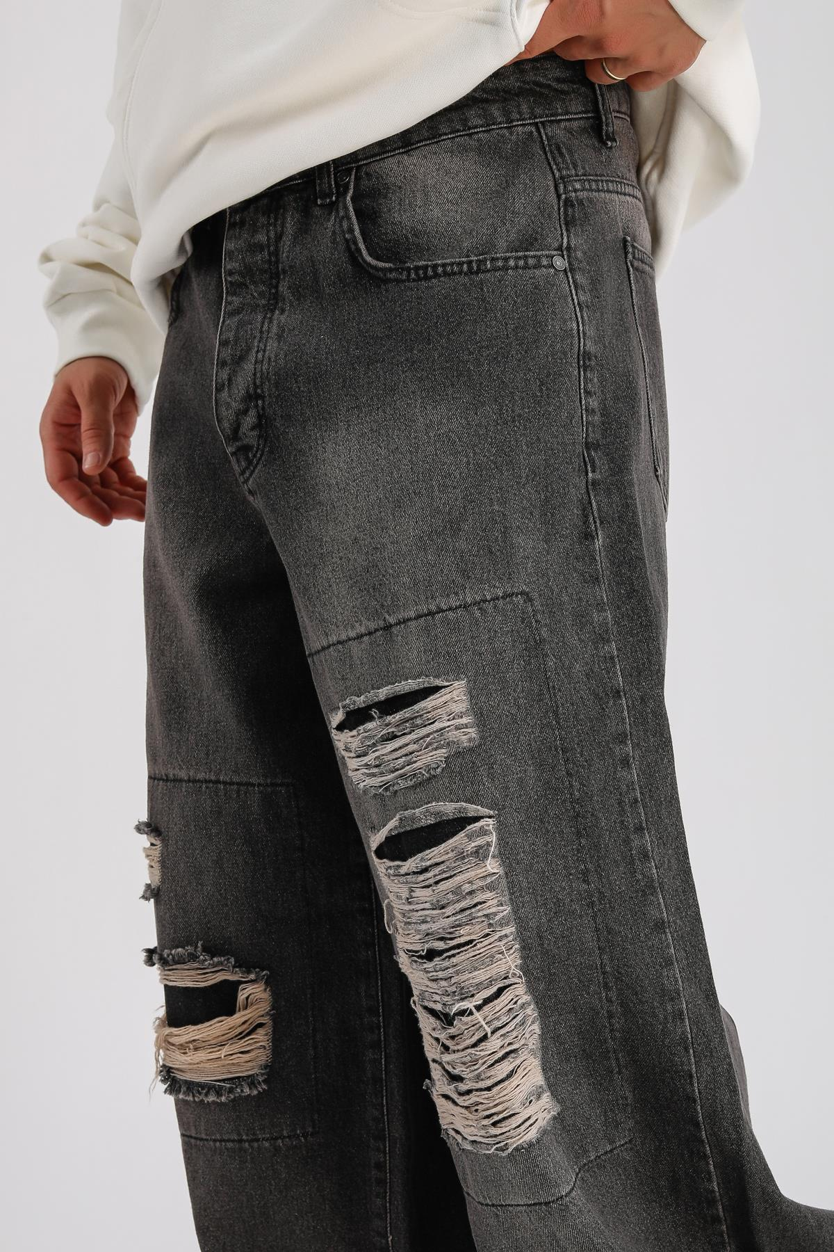Yırtık Blok Detay Füme Baggy Jean Pantolon P1000