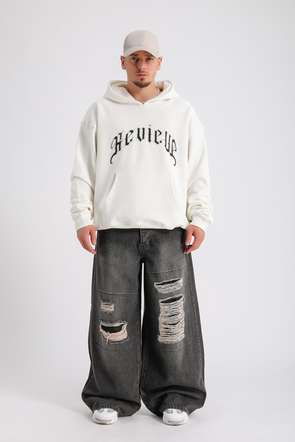 Yırtık Blok Detay Füme Baggy Jean Pantolon P1000