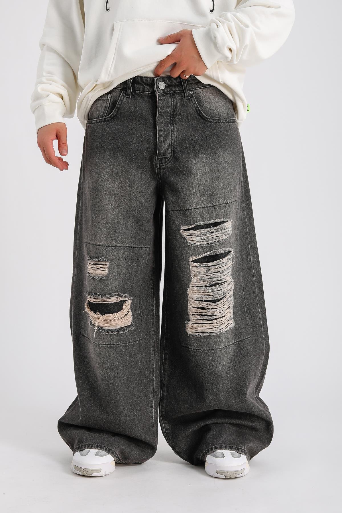 Yırtık Blok Detay Füme Baggy Jean Pantolon P1000