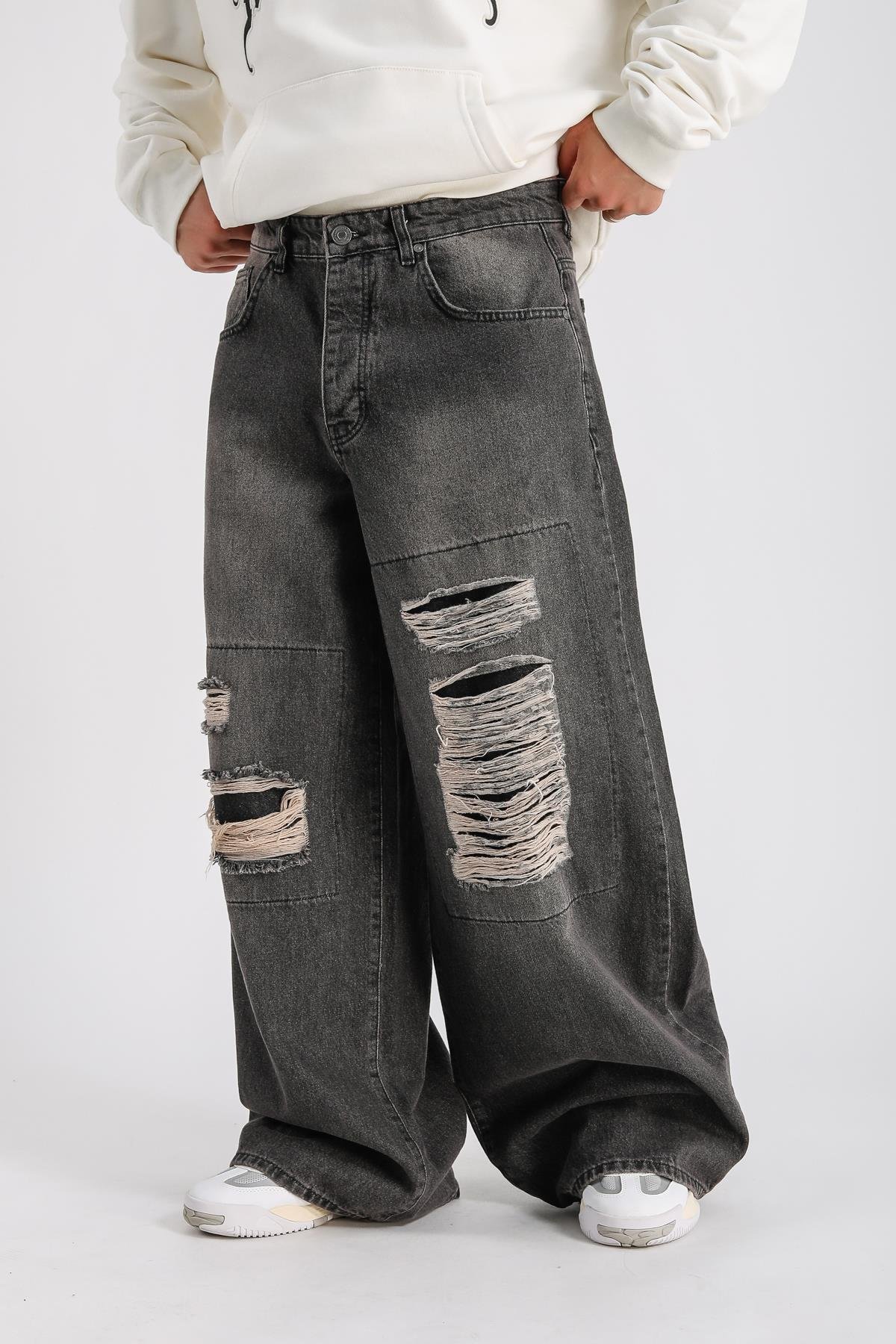 Yırtık Blok Detay Füme Baggy Jean Pantolon P1000