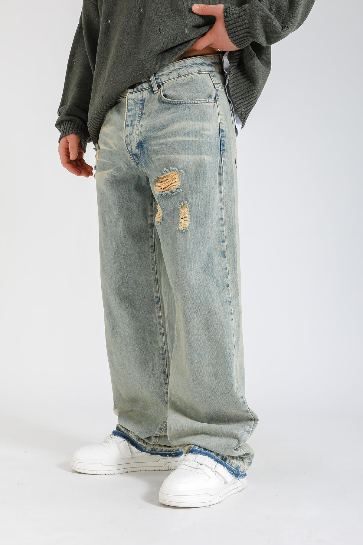 Yırtık Detay Acid Wash Baggy Jean Pantolon P1136