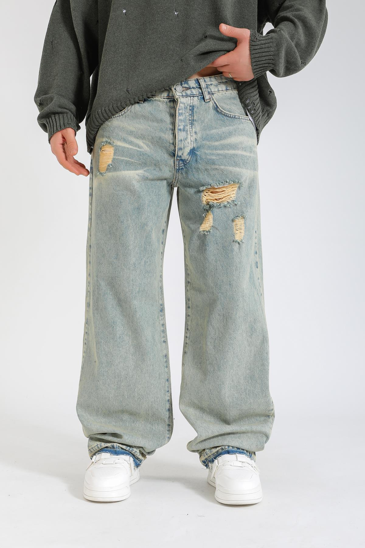 Yırtık Detay Acid Wash Baggy Jean Pantolon P1136