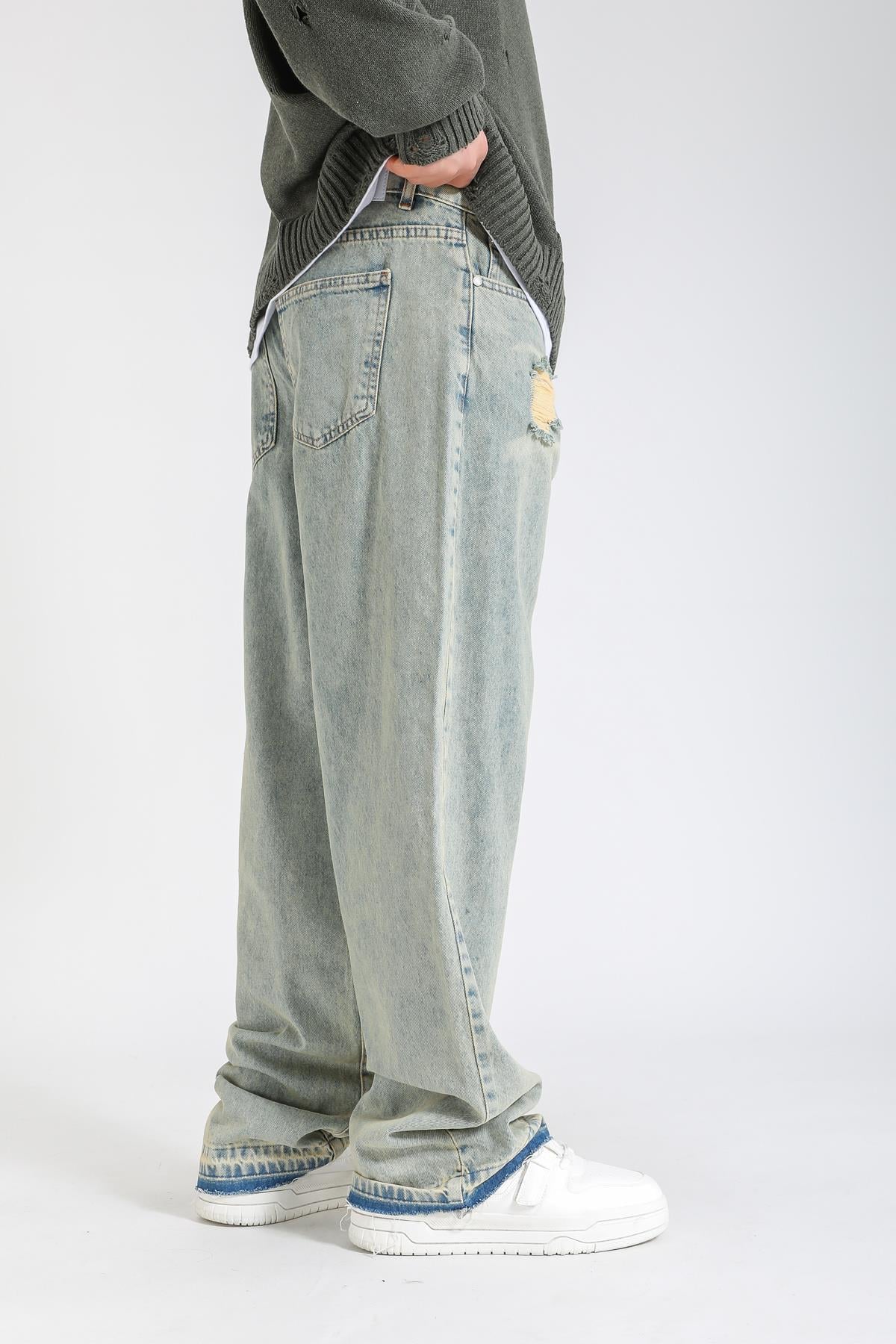 Yırtık Detay Acid Wash Baggy Jean Pantolon P1136