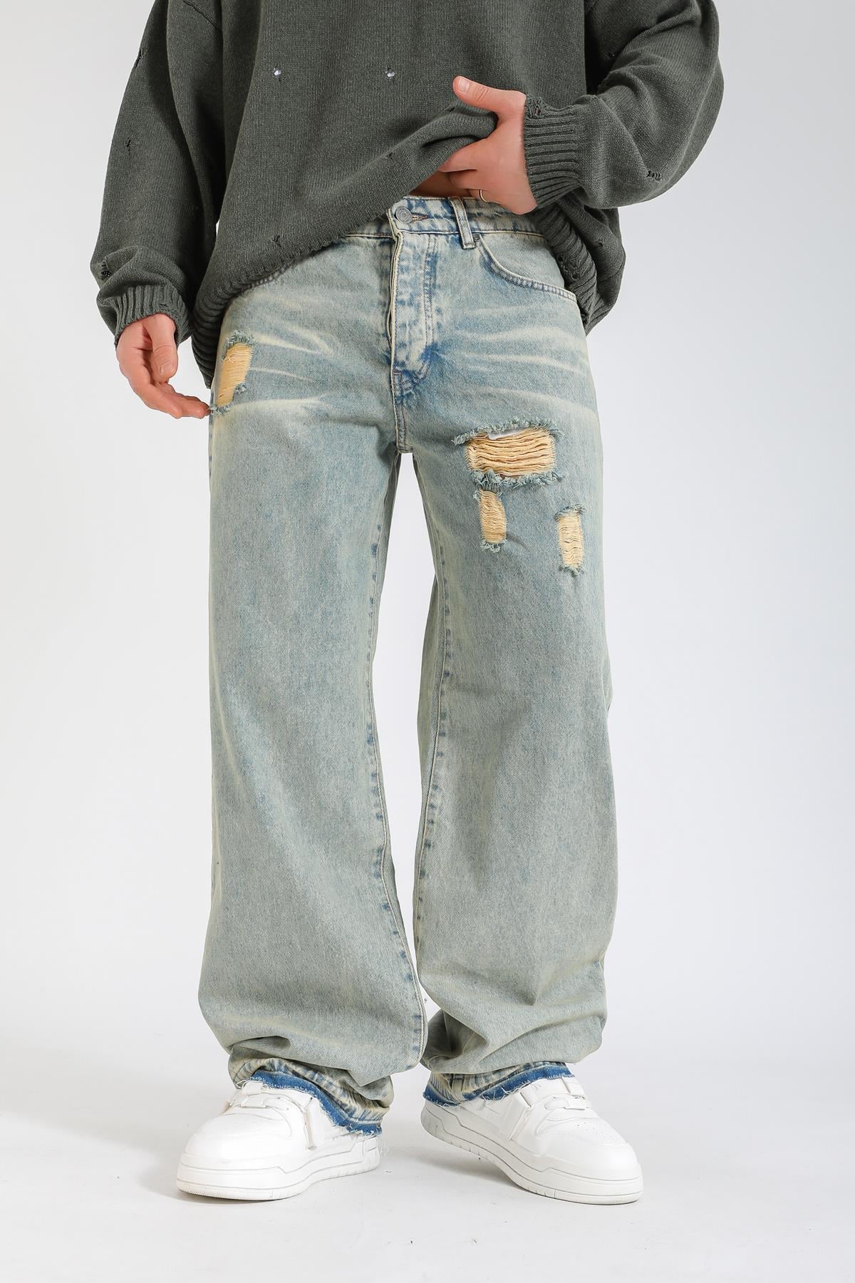 Yırtık Detay Acid Wash Baggy Jean Pantolon P1136