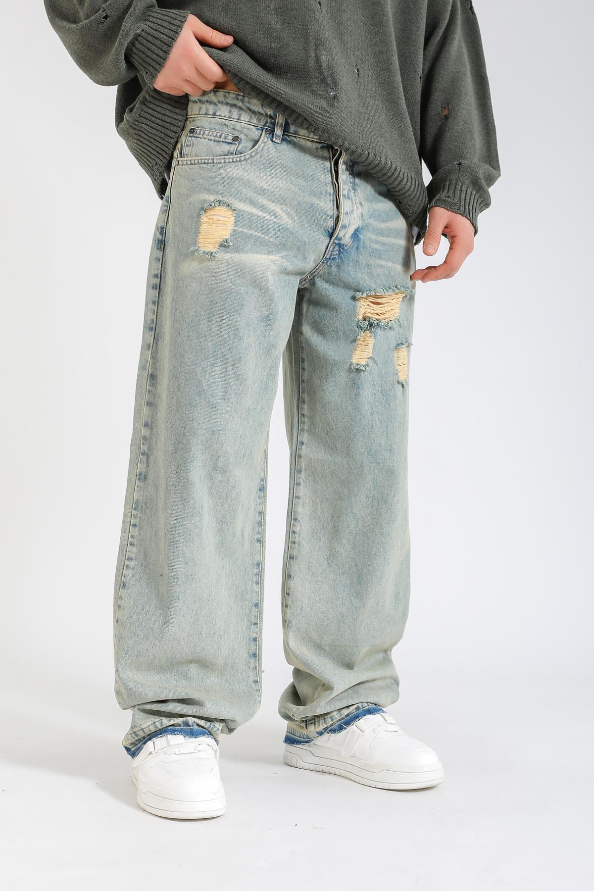Yırtık Detay Acid Wash Baggy Jean Pantolon P1136