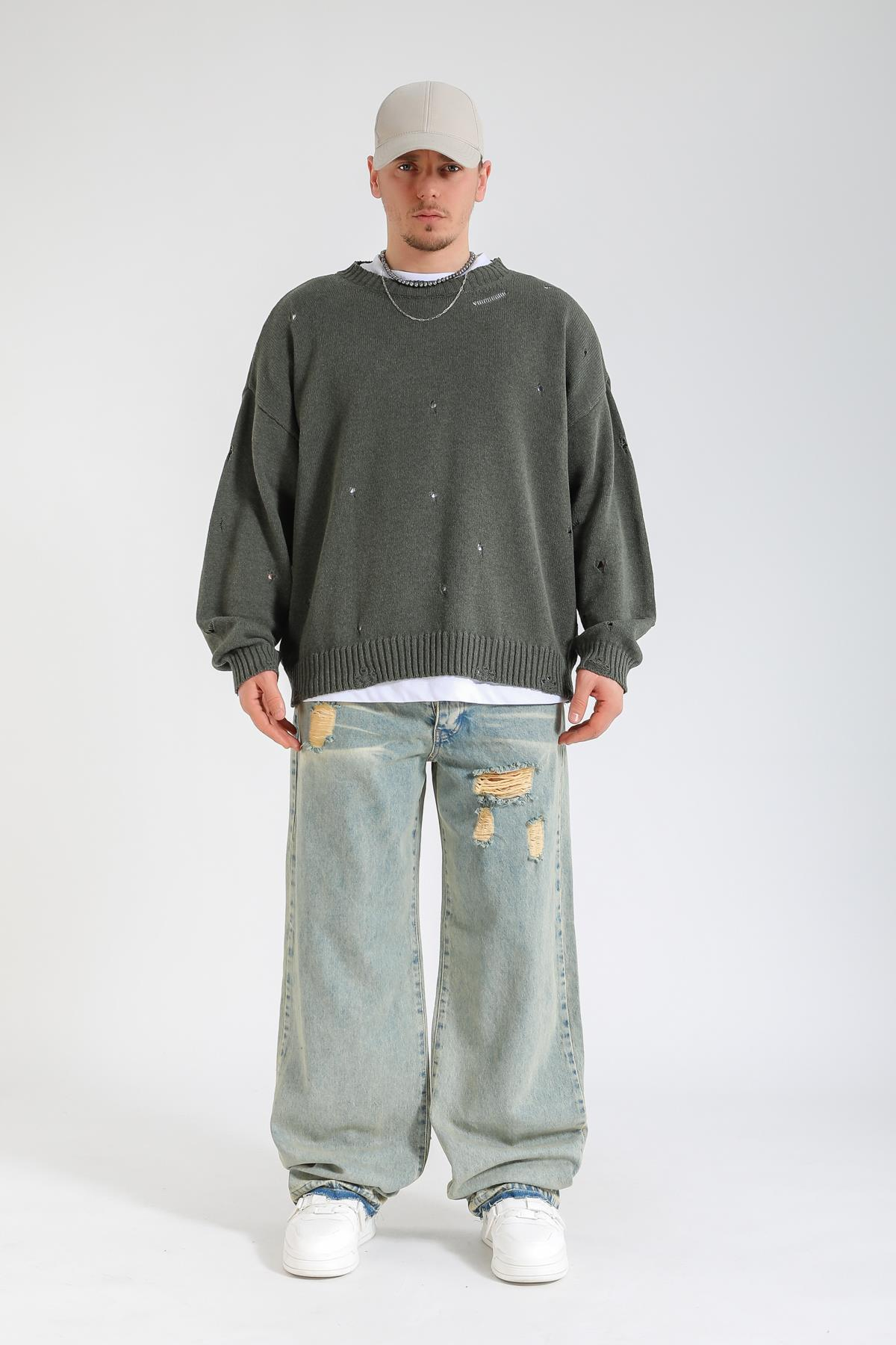 Yırtık Detay Acid Wash Baggy Jean Pantolon P1136