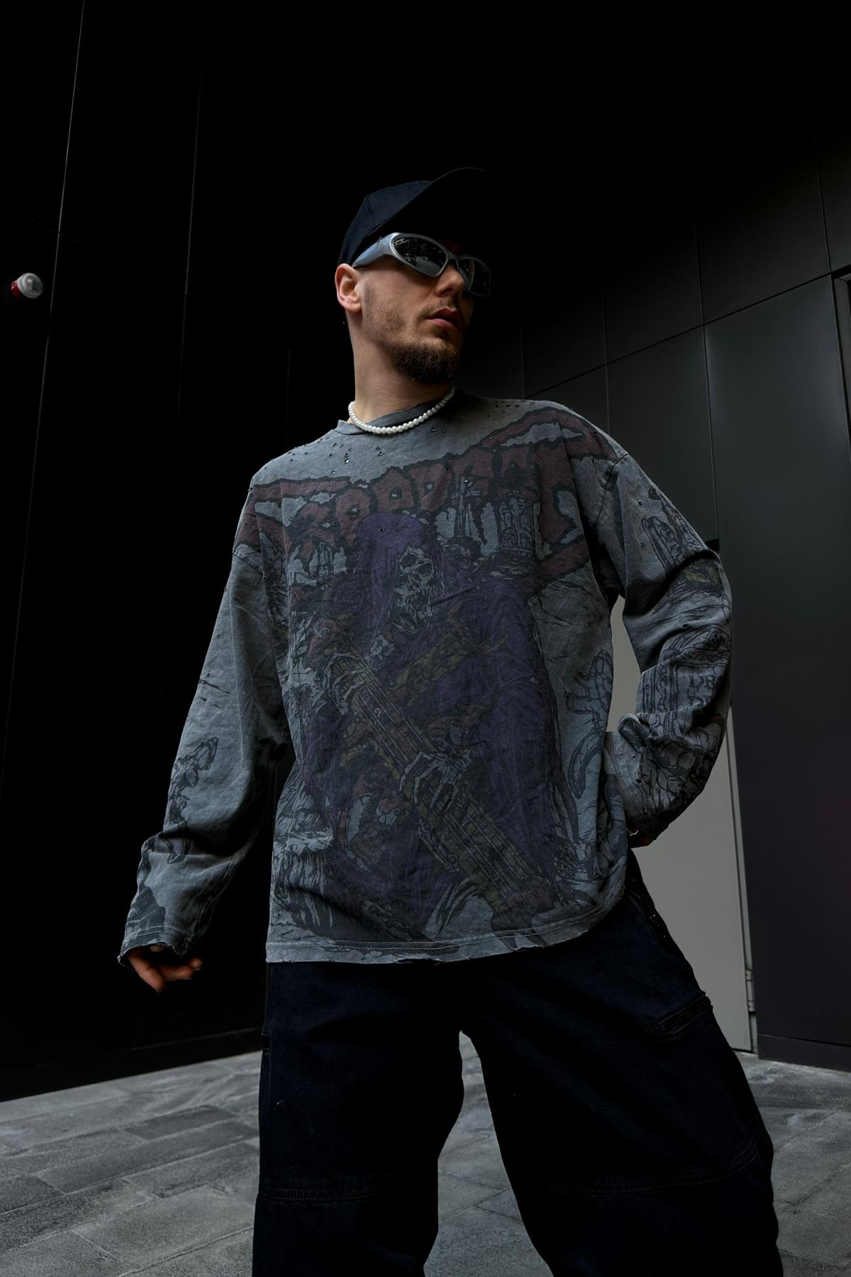 Yırtık Detay Acid Wash Füme Oversize Sleeved Sweatsihrt SW1071