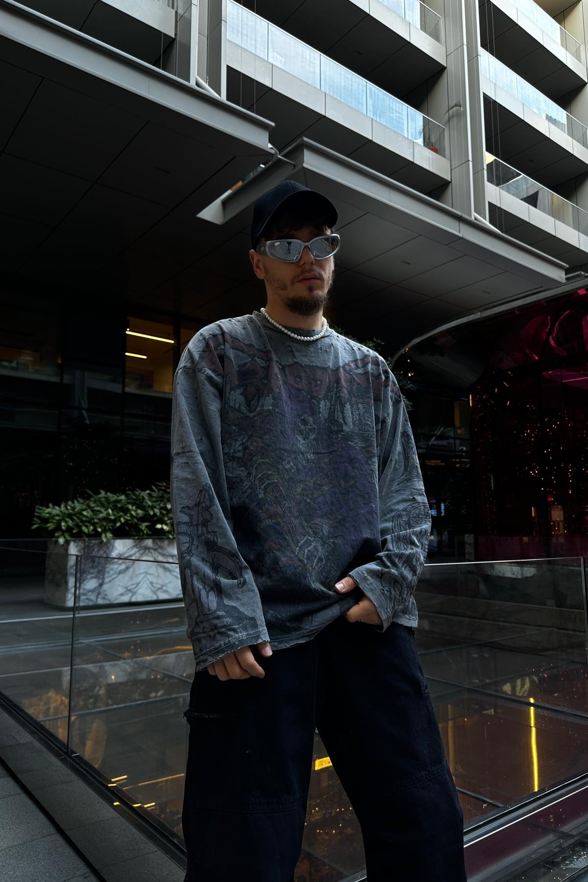 Yırtık Detay Acid Wash Füme Oversize Sleeved Sweatsihrt SW1071