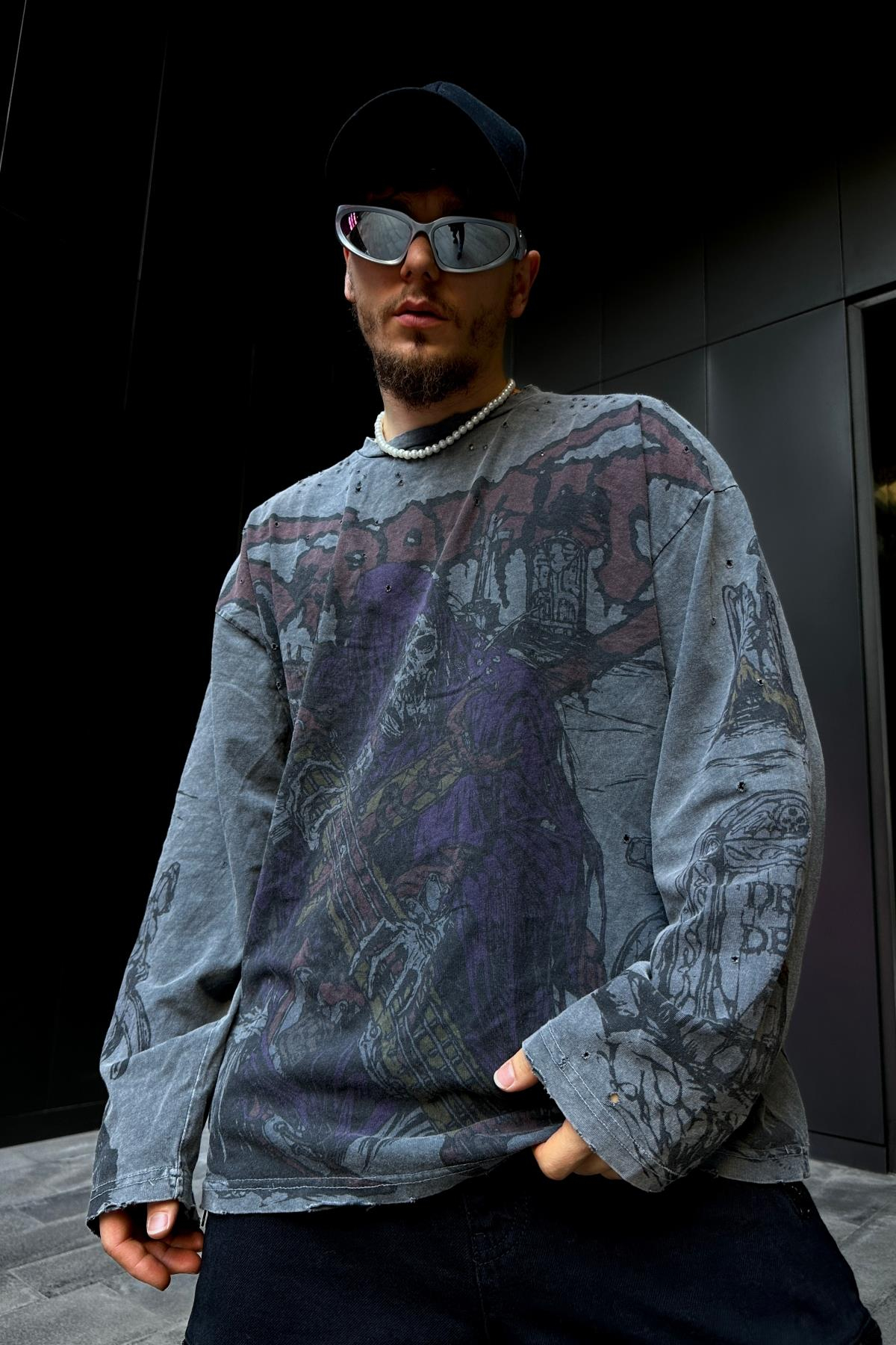 Yırtık Detay Acid Wash Füme Oversize Sleeved Sweatsihrt SW1071